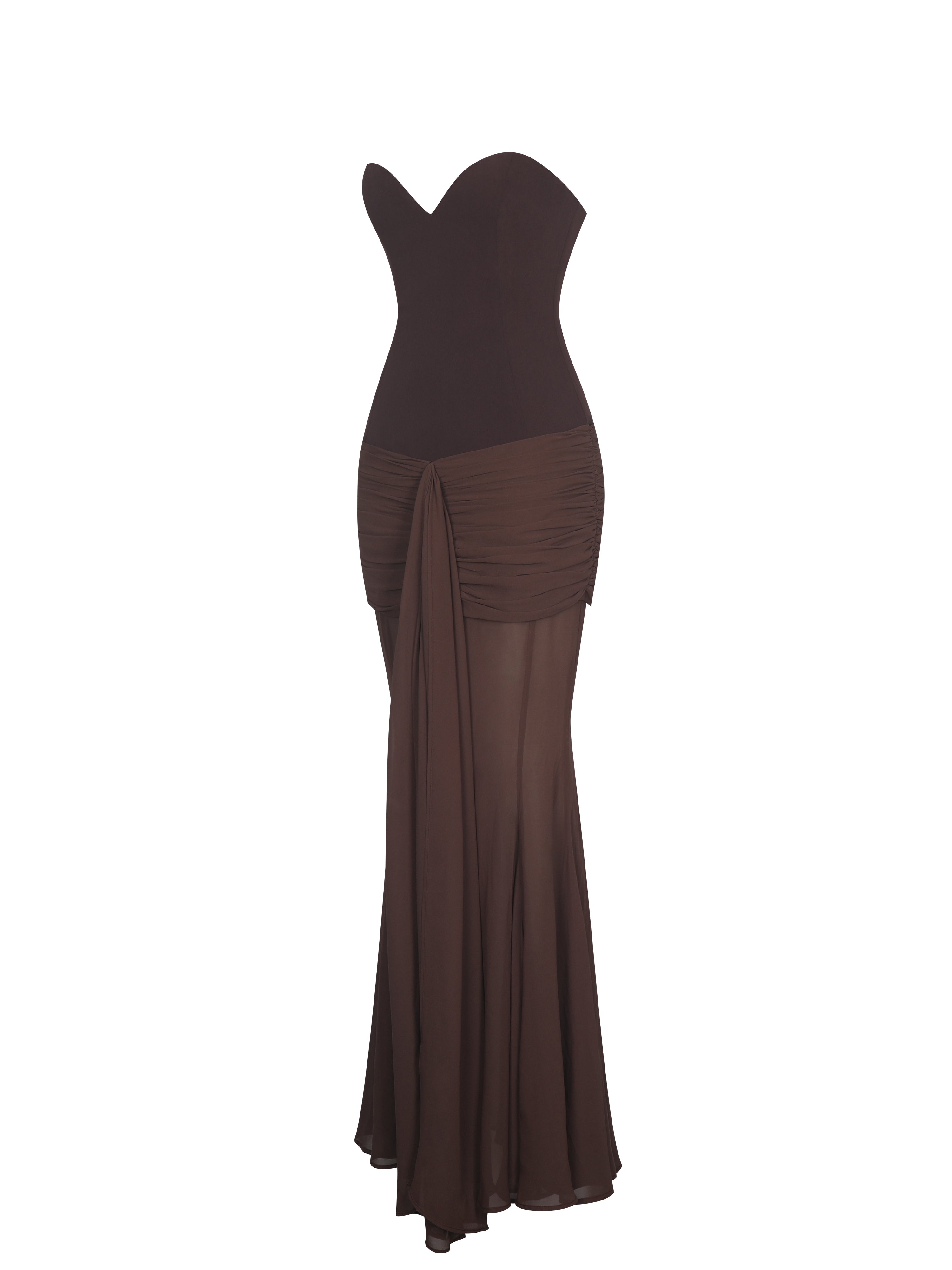 Giovana Espresso Sweetheart Draped Mesh Mermaid Maxi Dress