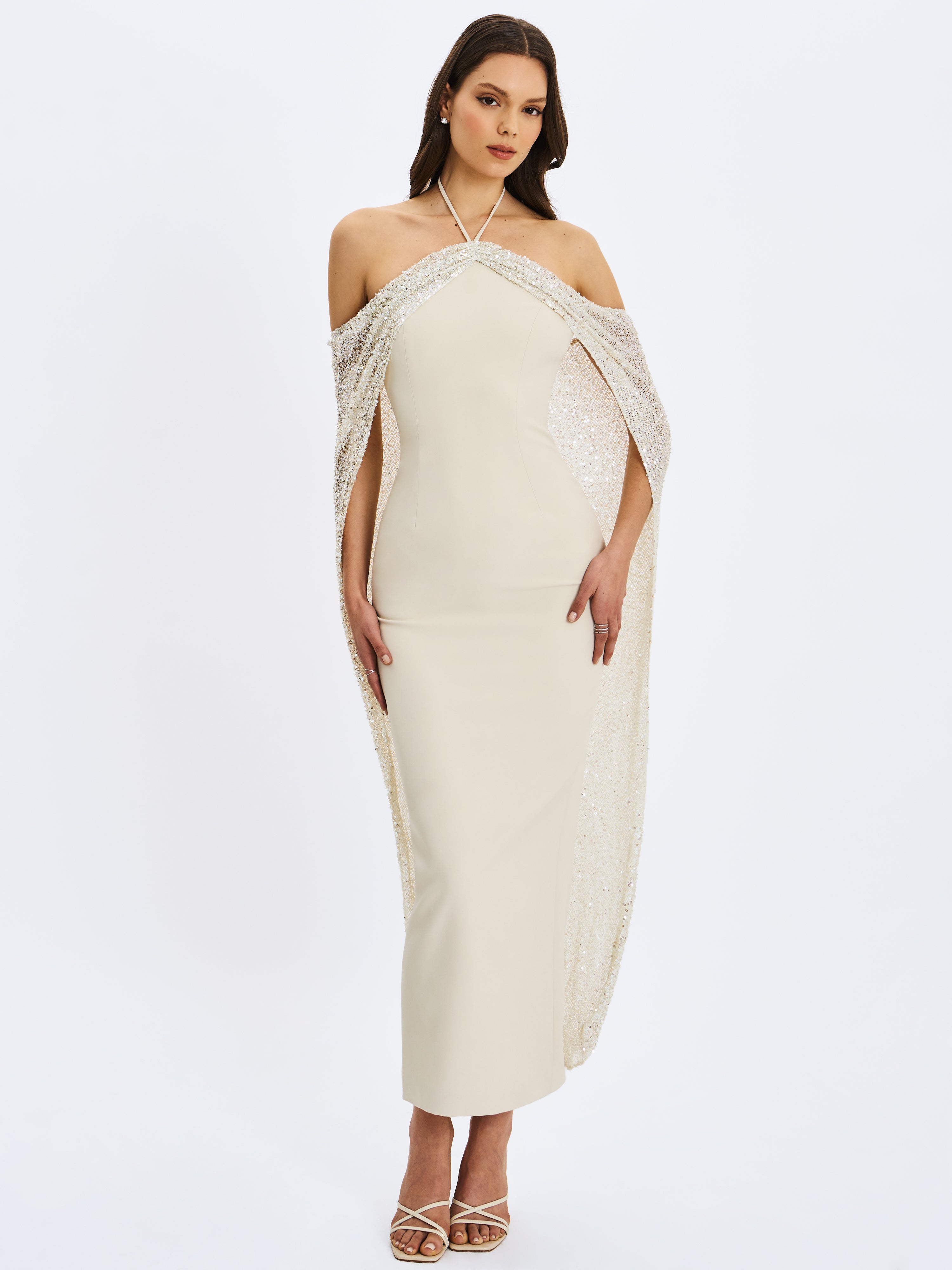 Quimera Almond Beaded Cape Halter Off-Shoulder Maxi Gown