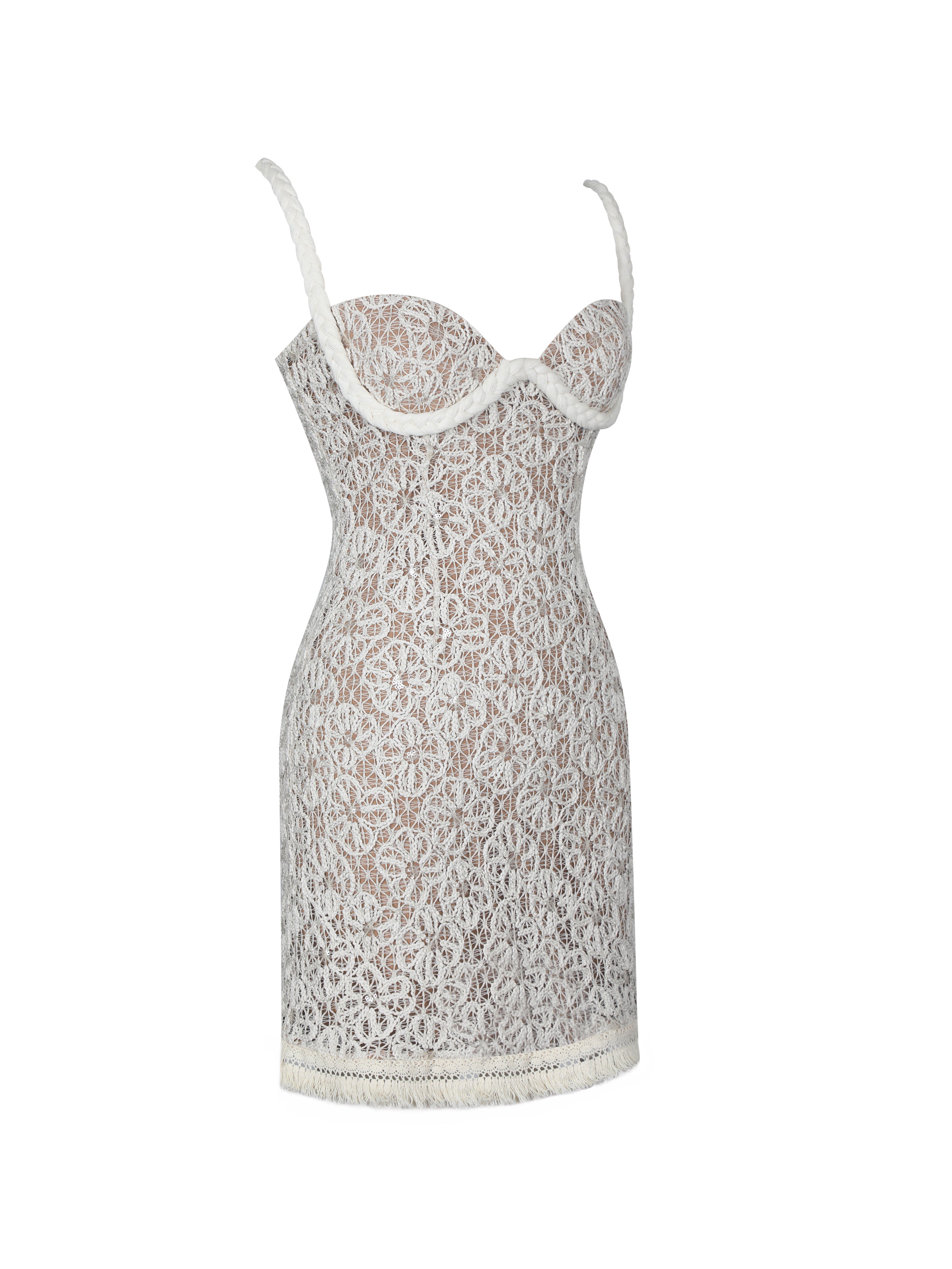 Taliyah Cream Braided-Strap Chunky Lace Mini Dress