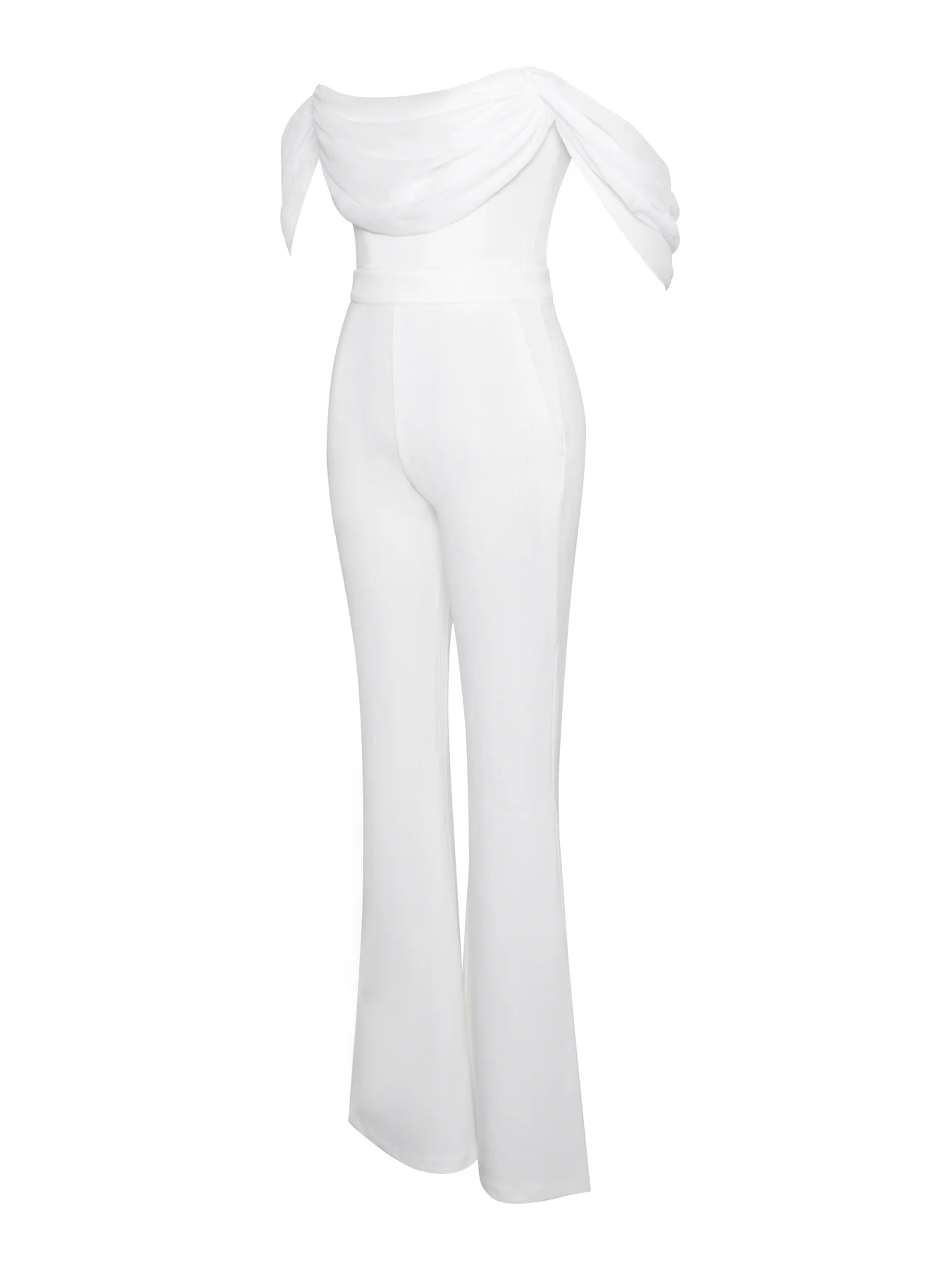 Sherlyn White Off Shoulder Flared Crepe Jumpsuit (Archive Sale)