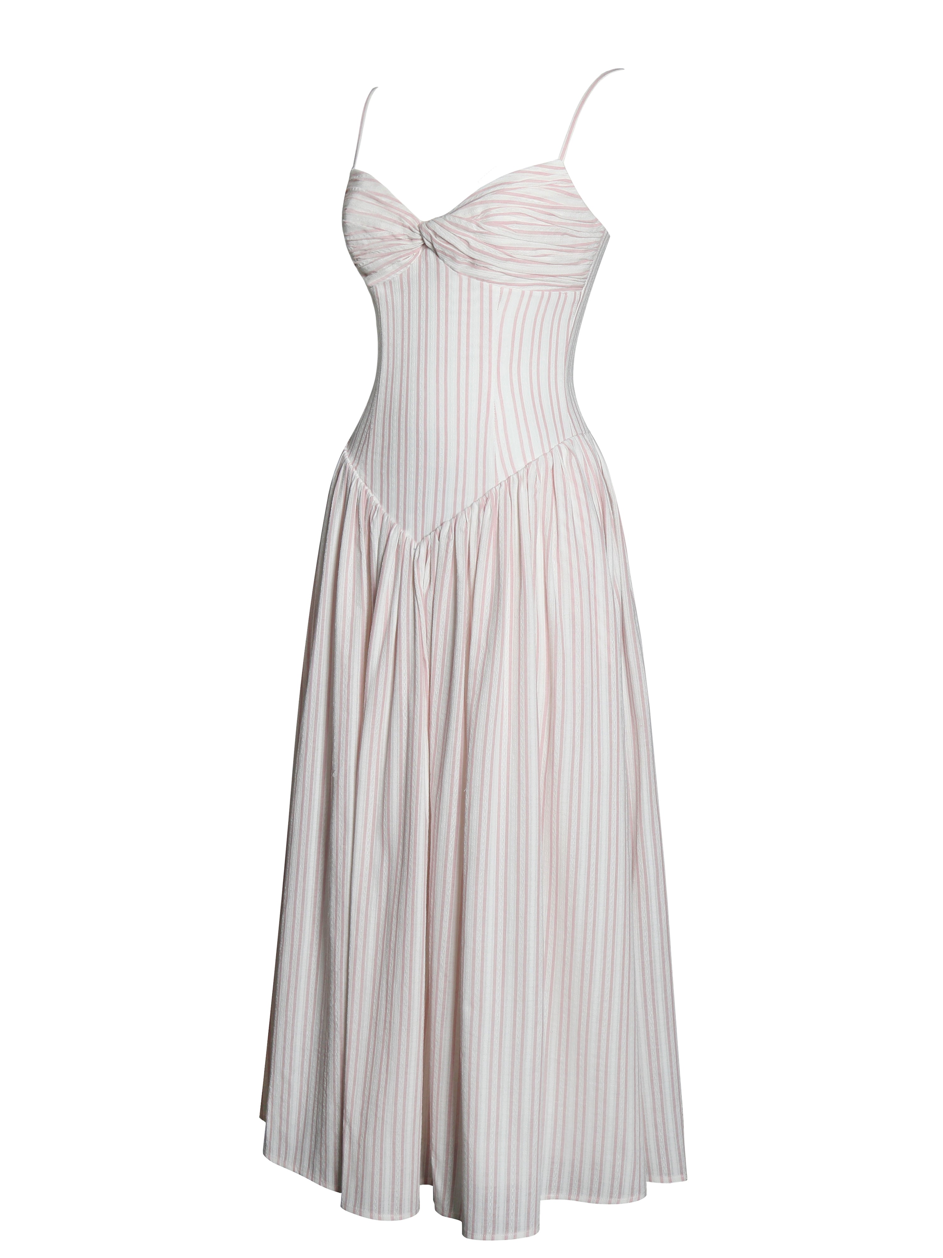 Zania Pink Stripe Ruched Breast Cotton Jacquard Midi Dress