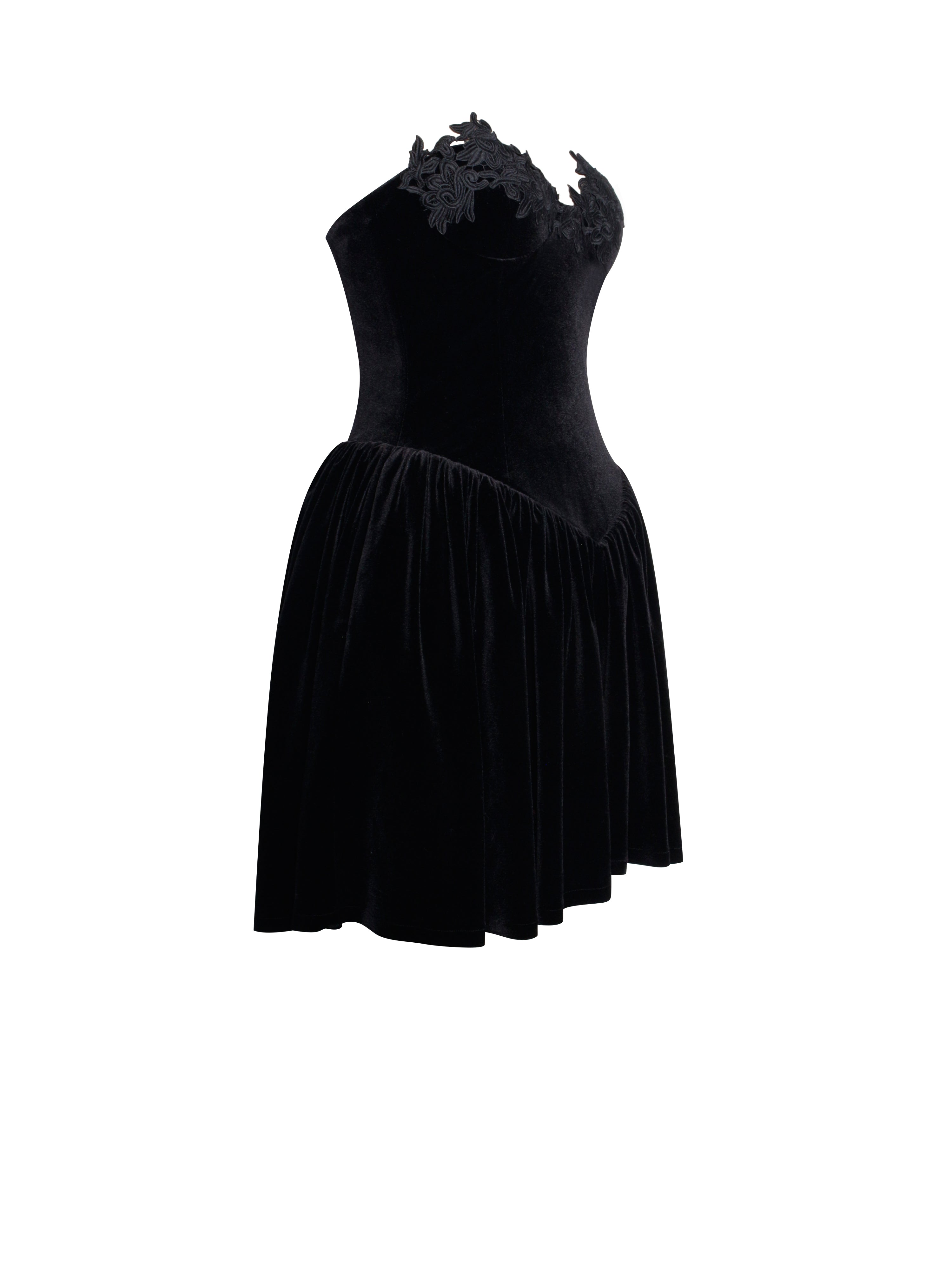 Nora Black Velvet Drop Waist Corset Puffy Mini Dress with Lace Trim (Archive Sale)