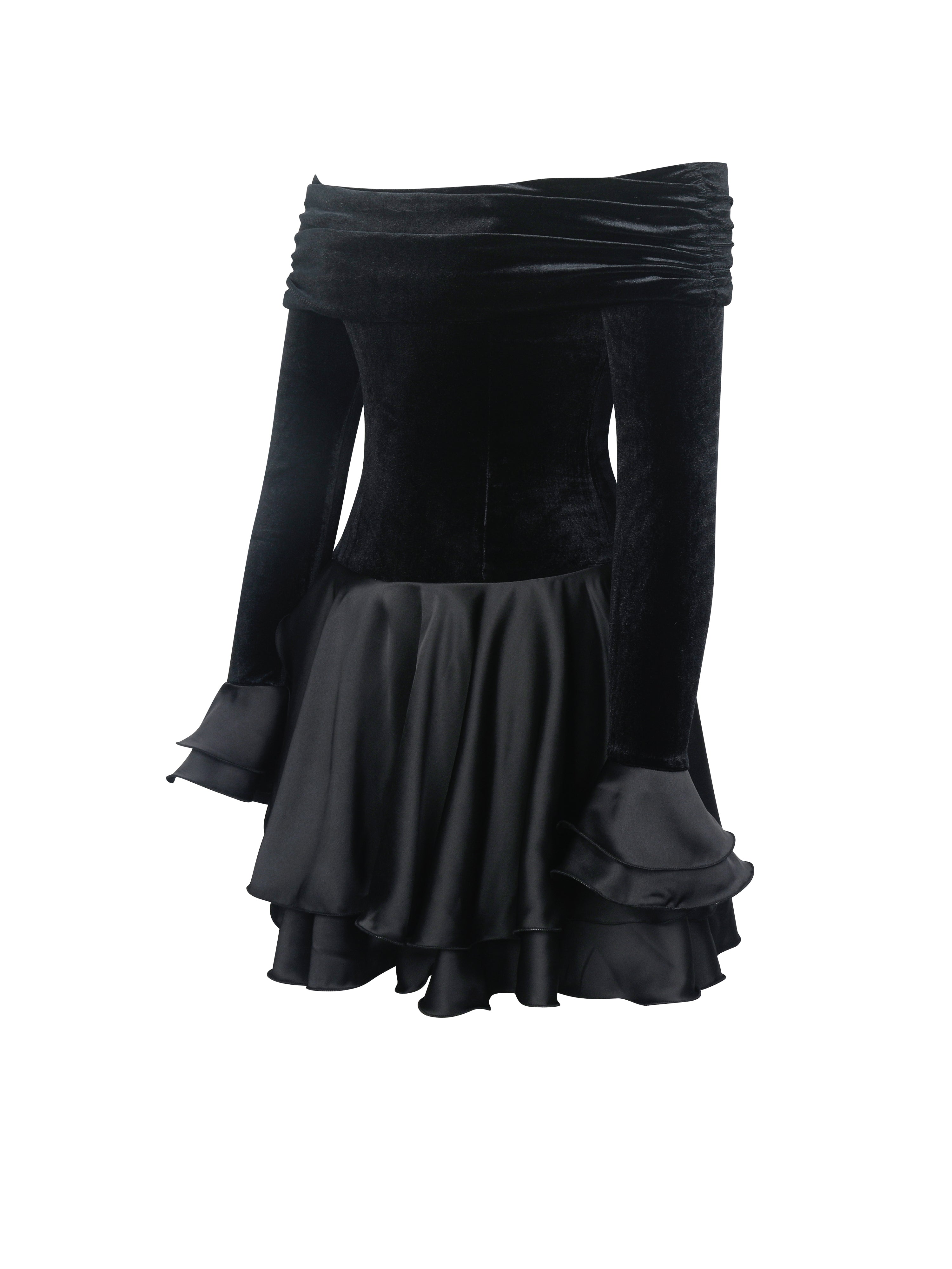 Magnolia Black Off-Shoulder Layered Satin Mini Dress