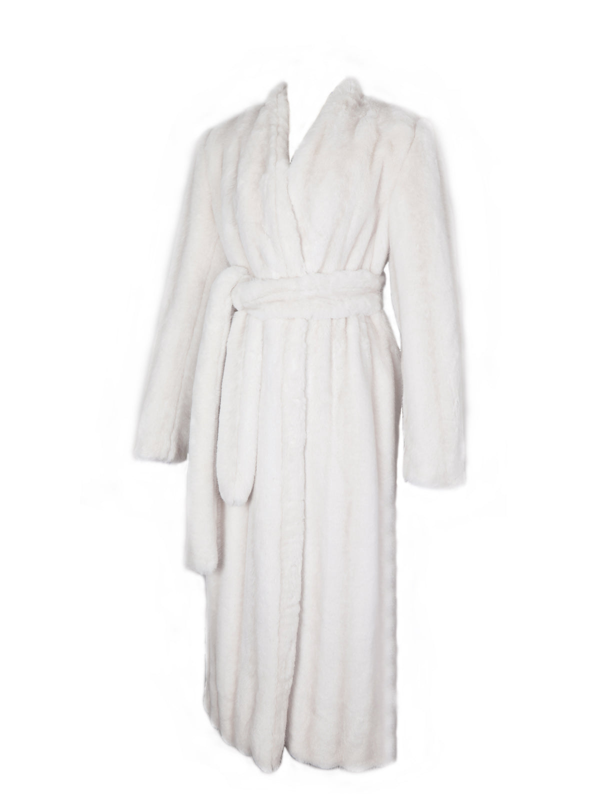 Celine Soft White Faux Mink Belted Longline Coat