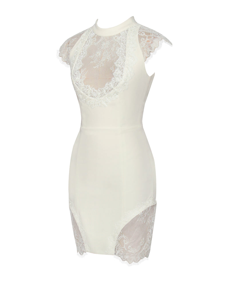 Quinella White Lace Crepe Backless Mini Dress