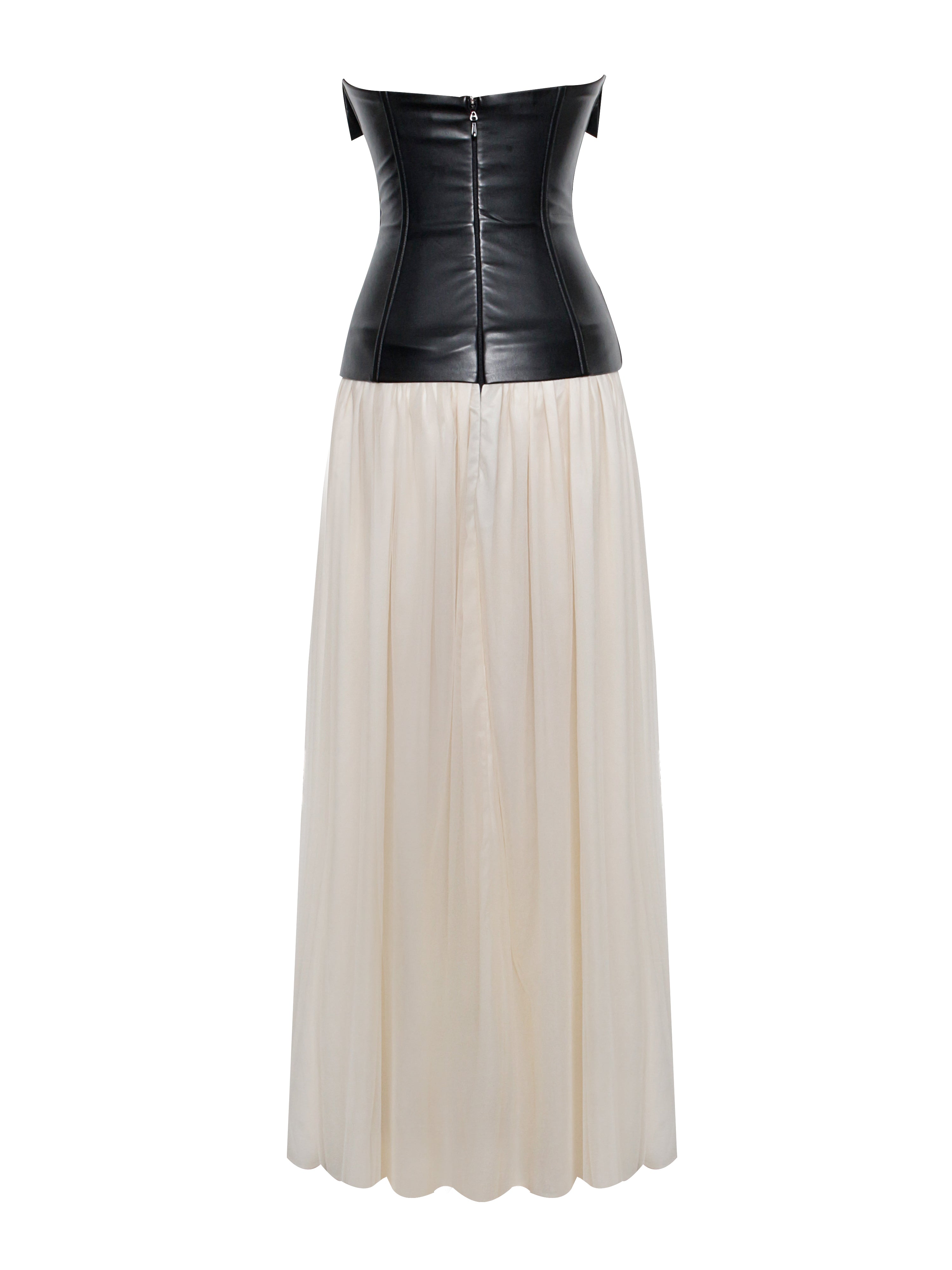 Maayan Black Vegan Leather Corset High Slit Drop Waist Maxi Dress (Archive Sale)