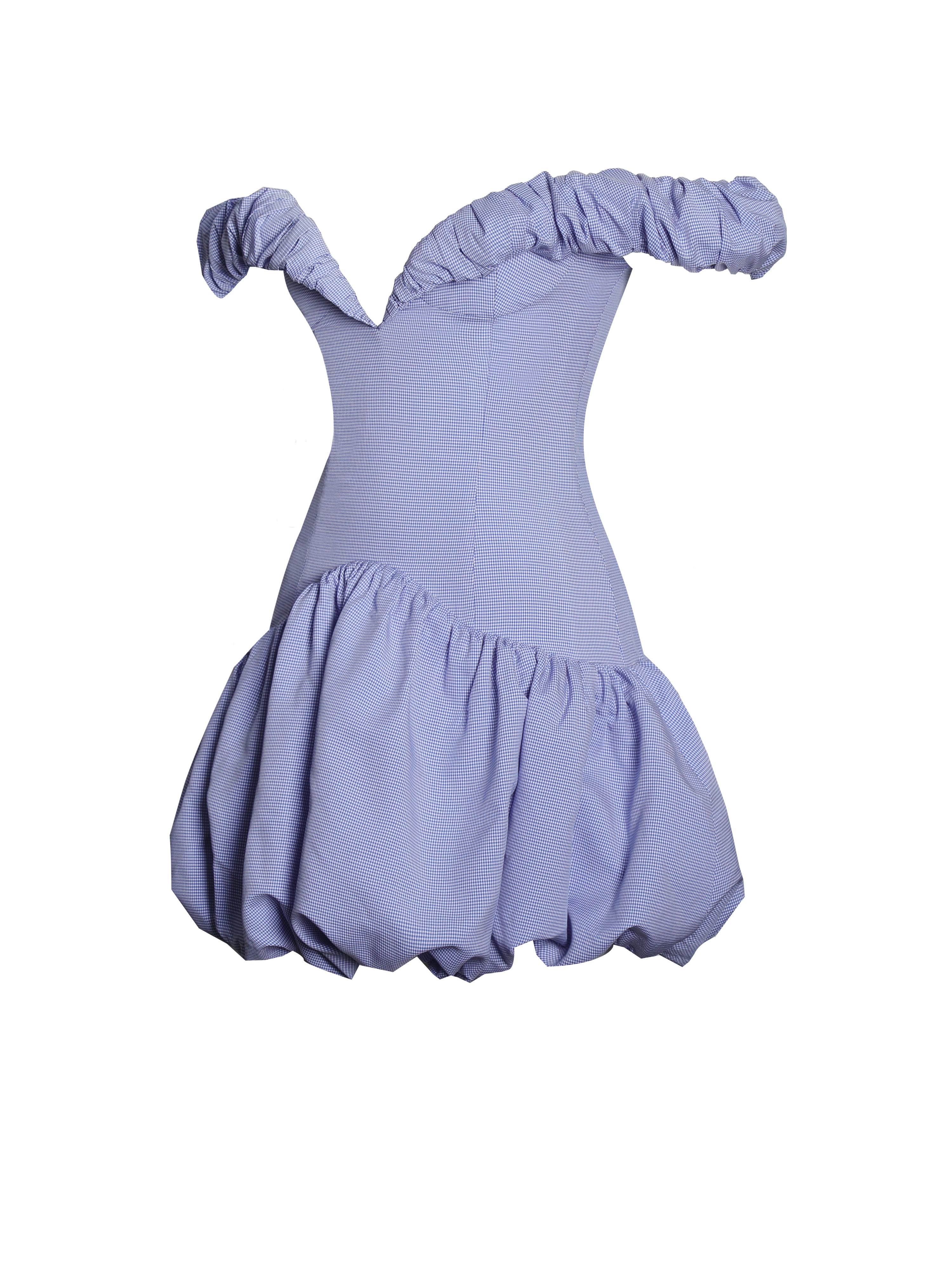 Sablee Checkered Puffy Off Shoulder Trim Bubble Hem Mini Dress