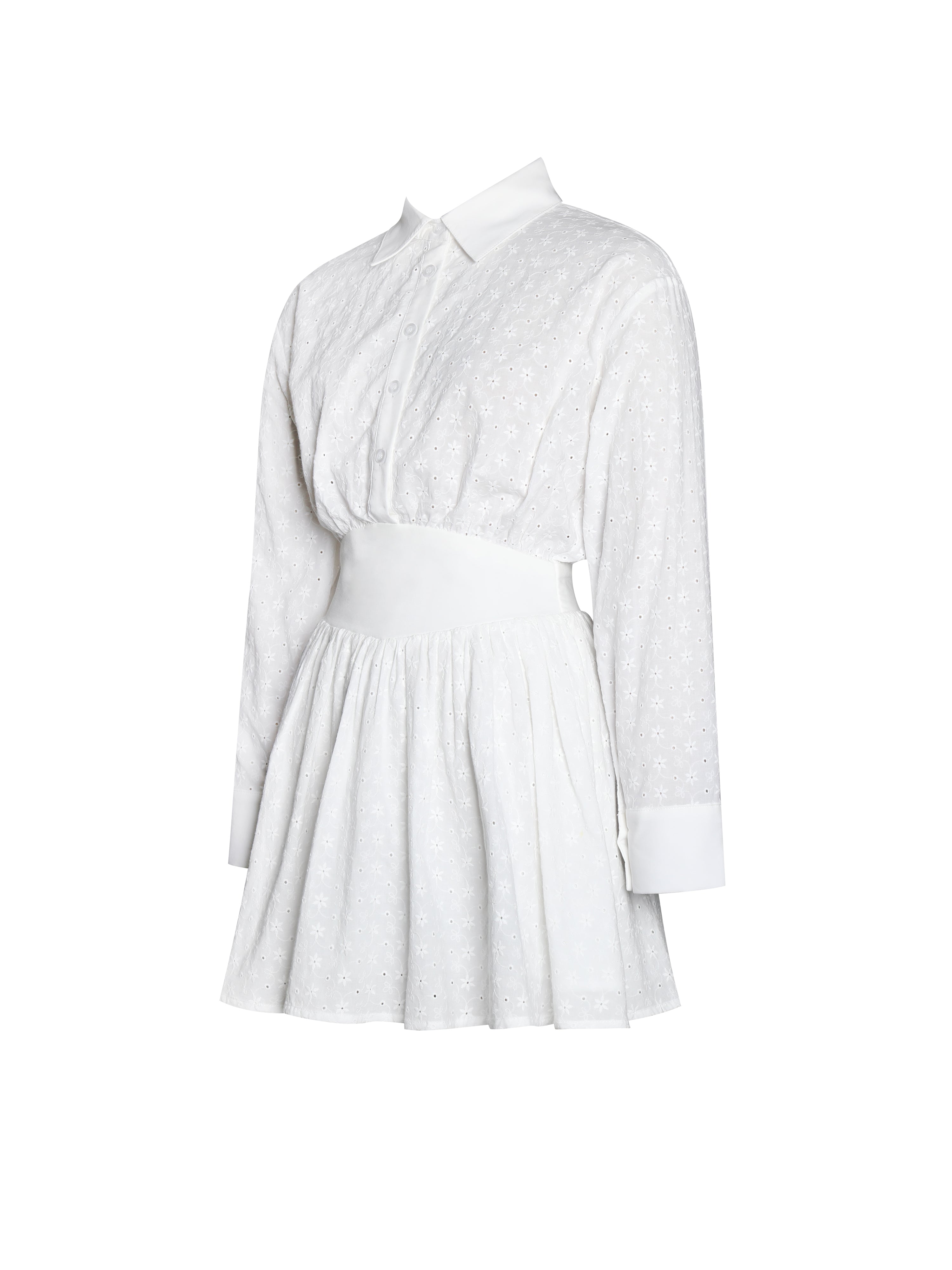 Gabriella White Cotton Eyelet Button Up Long Sleeve Shirt Dress