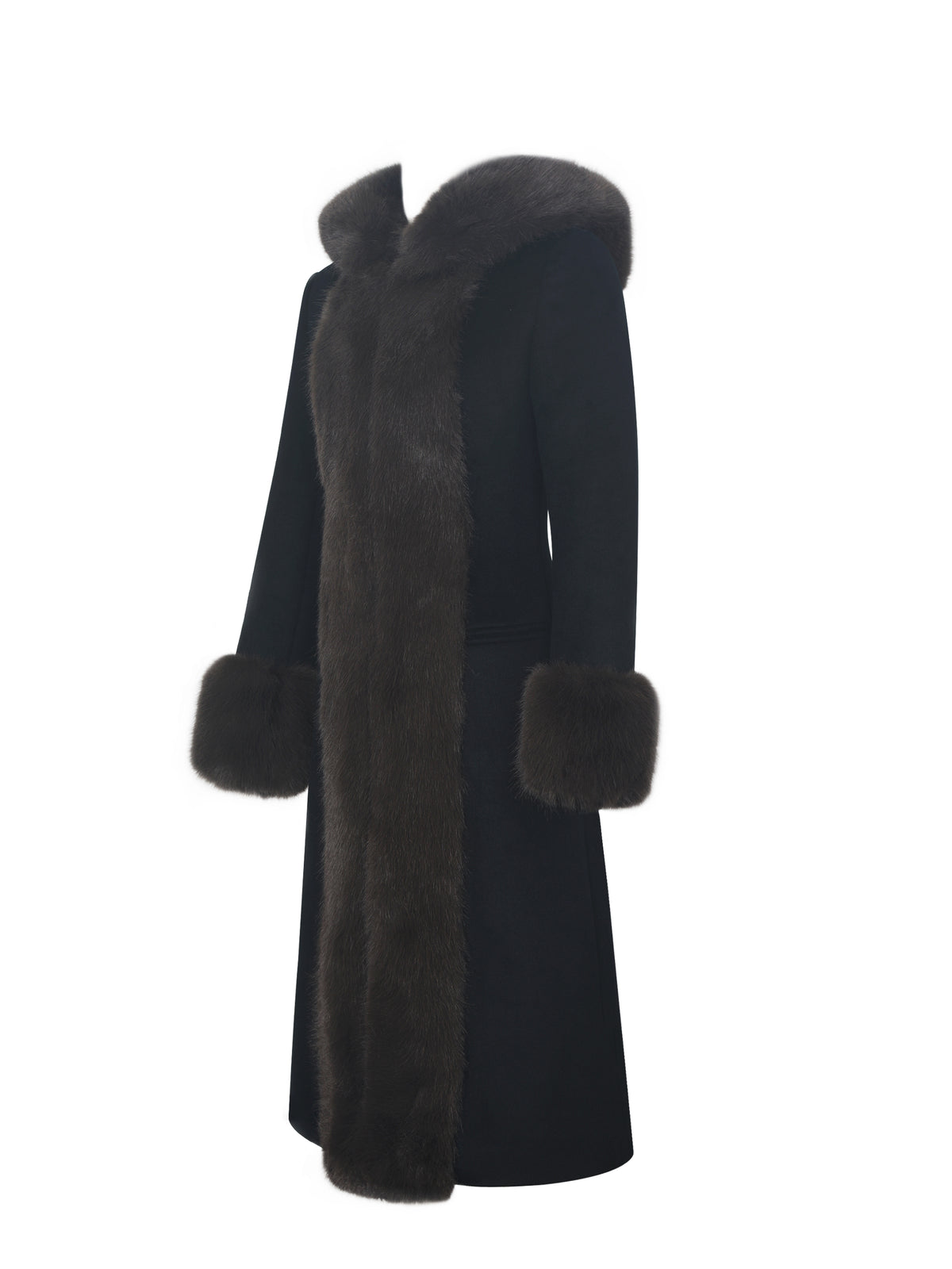 Sloan Black Wool Blend Sculpted Midi Coat with Fur Hood