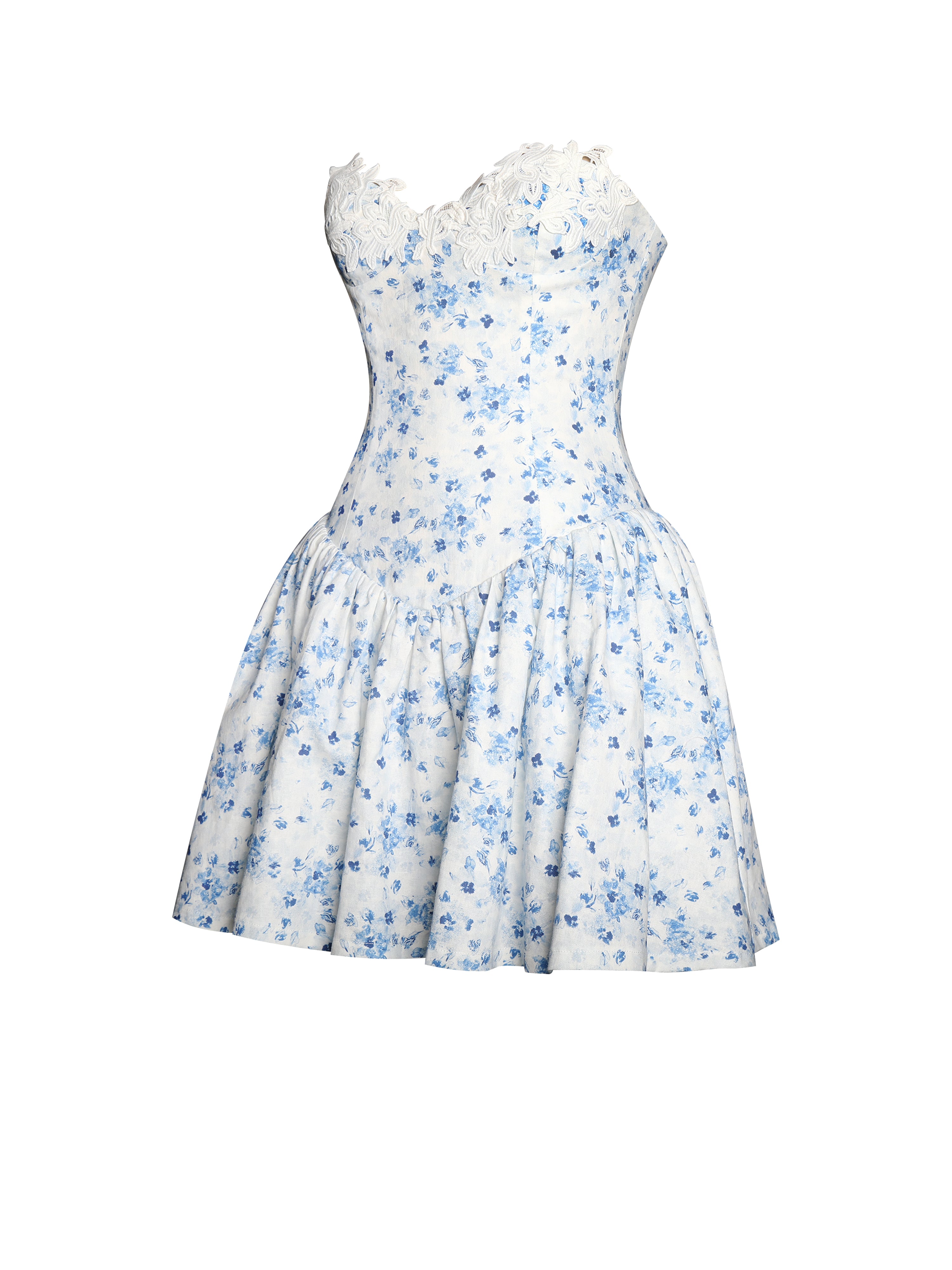 Taleah Blue Floral Print Linen Mini Dress with Lace Trim