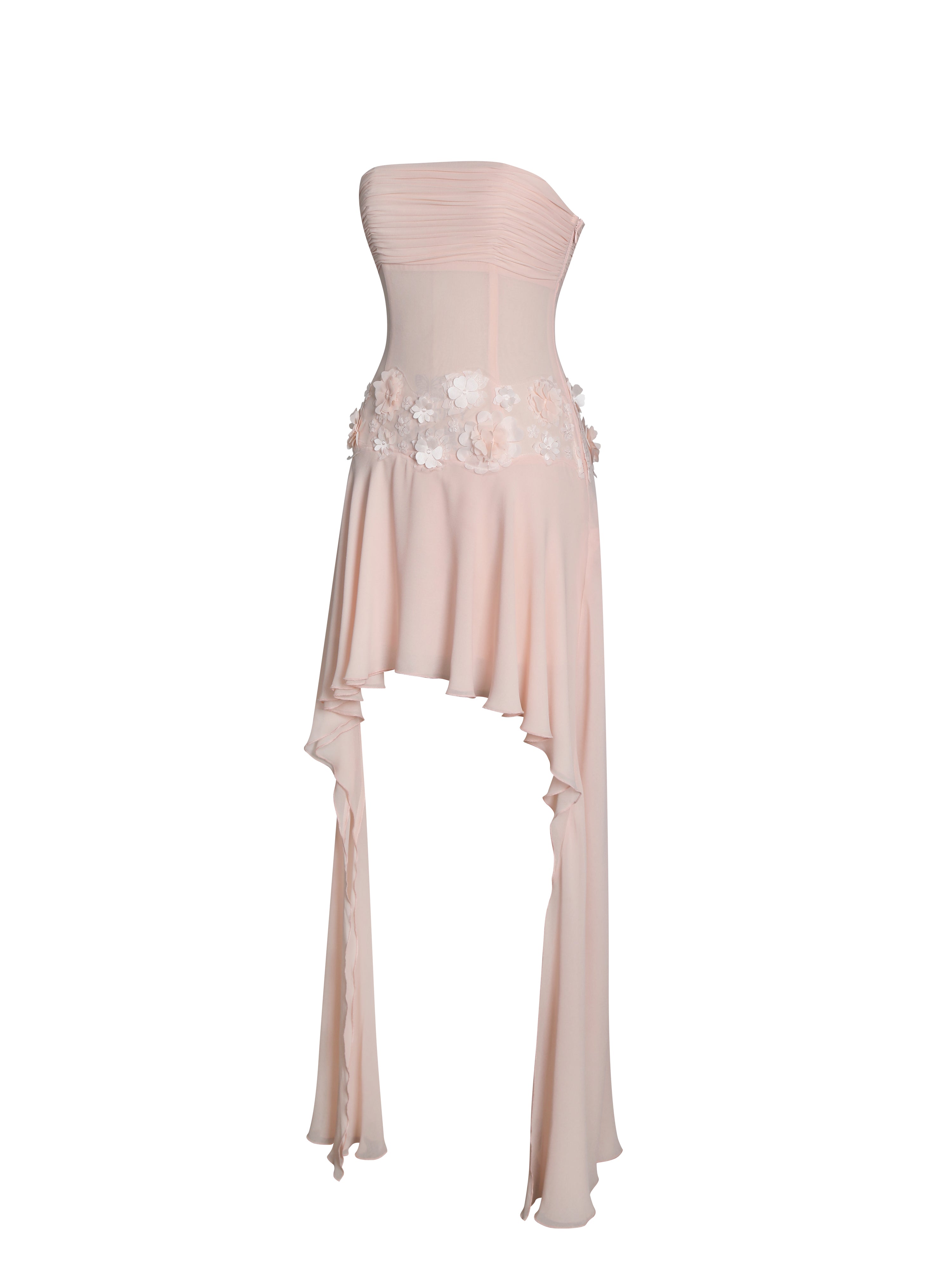 Mae Pink Ruched Breast Appliqué Trim Trailing Dress