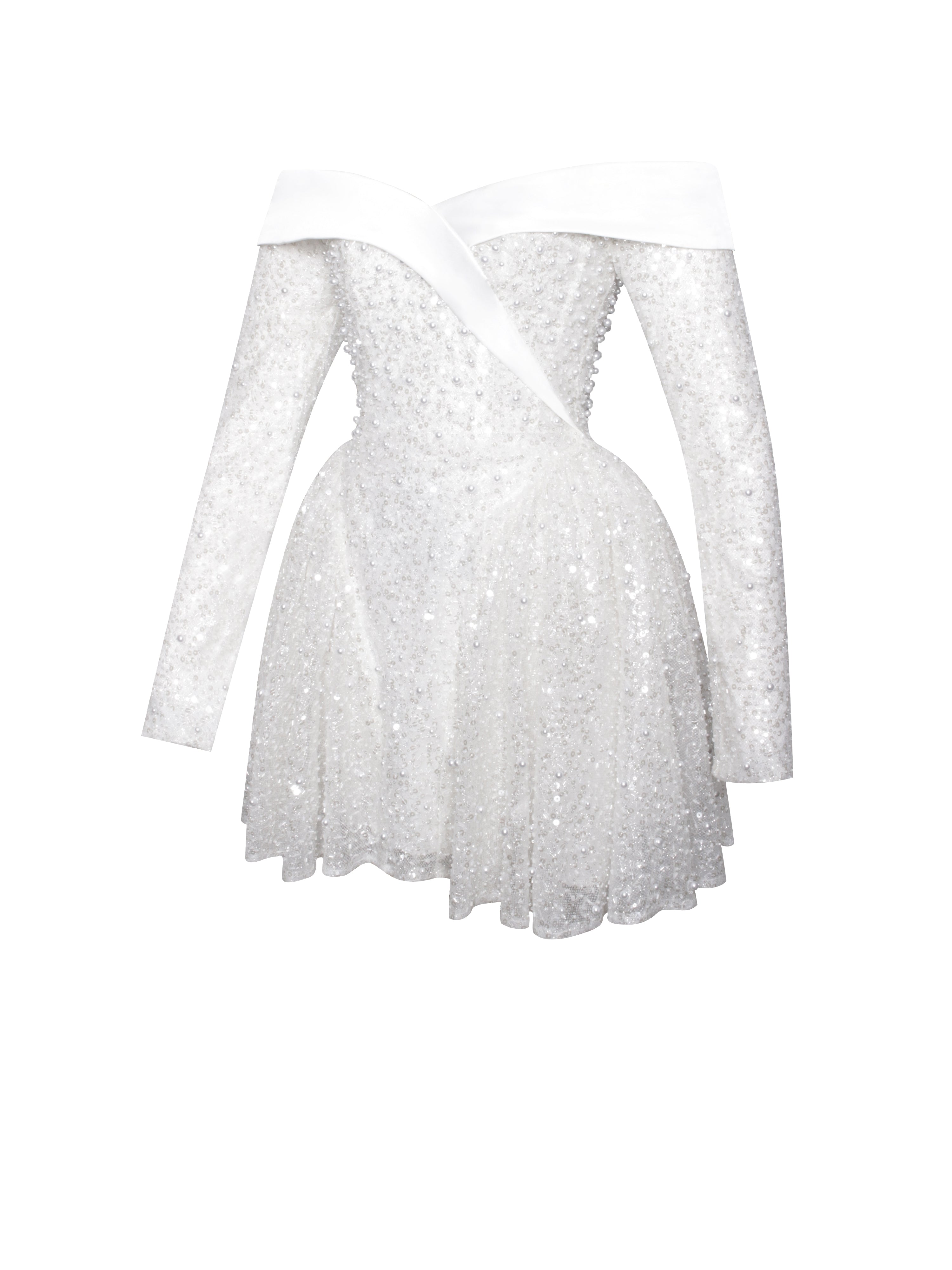 Kira Bead Embroidered Mesh Off Shoulder Long Sleeve Mini Dress