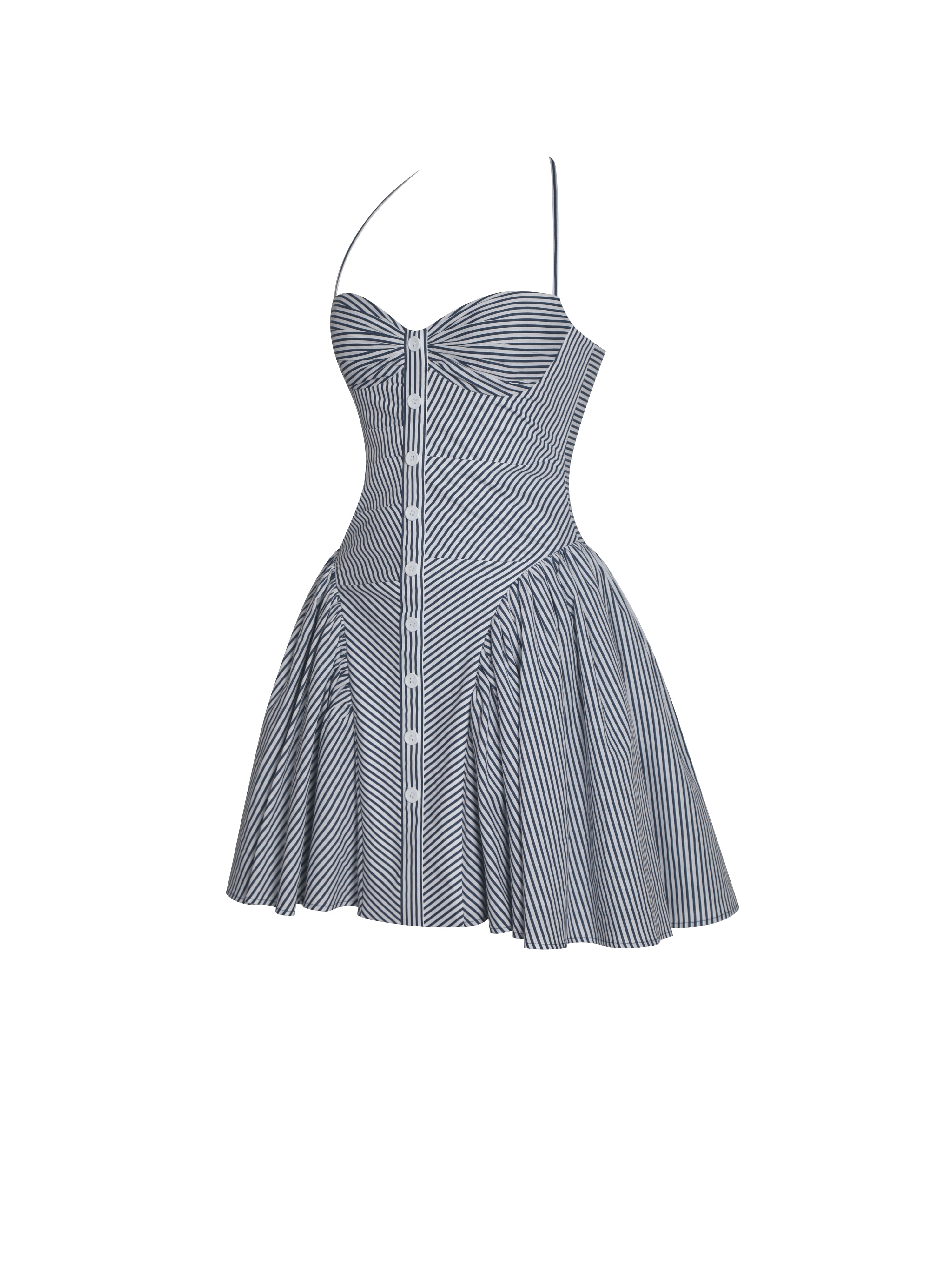 Melody Navy Blue Railroad Stripe Halter Drop Waist Mini Dress