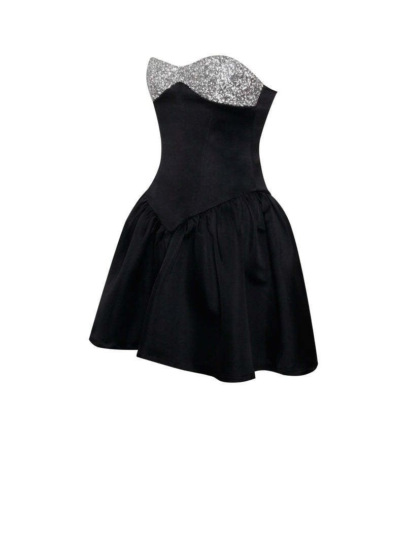 Silvia Black Satin Crystal Bustier A-Line Mini Dress