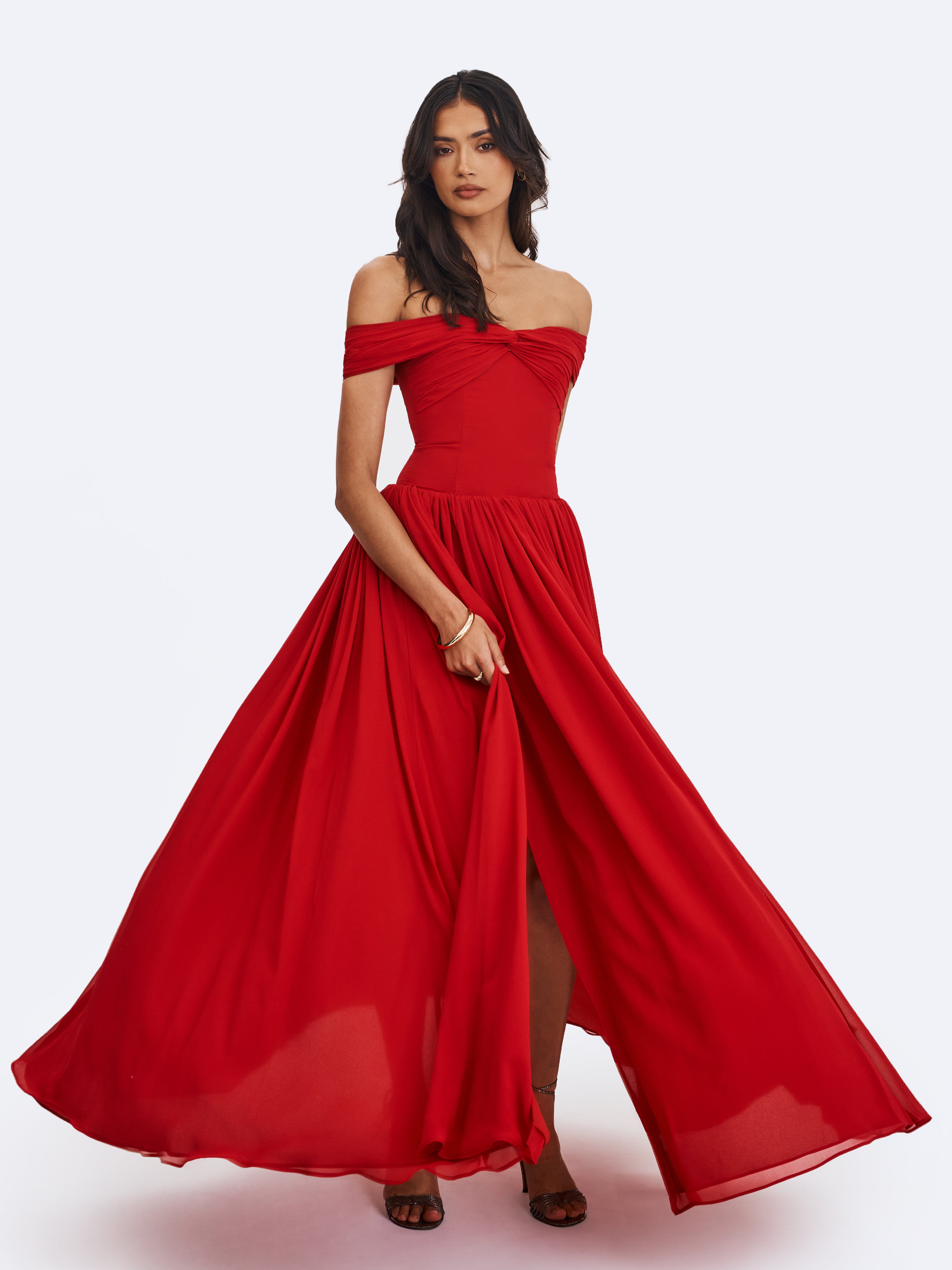 Tereza Crimson Georgette Bardot High-Slit Maxi Dress