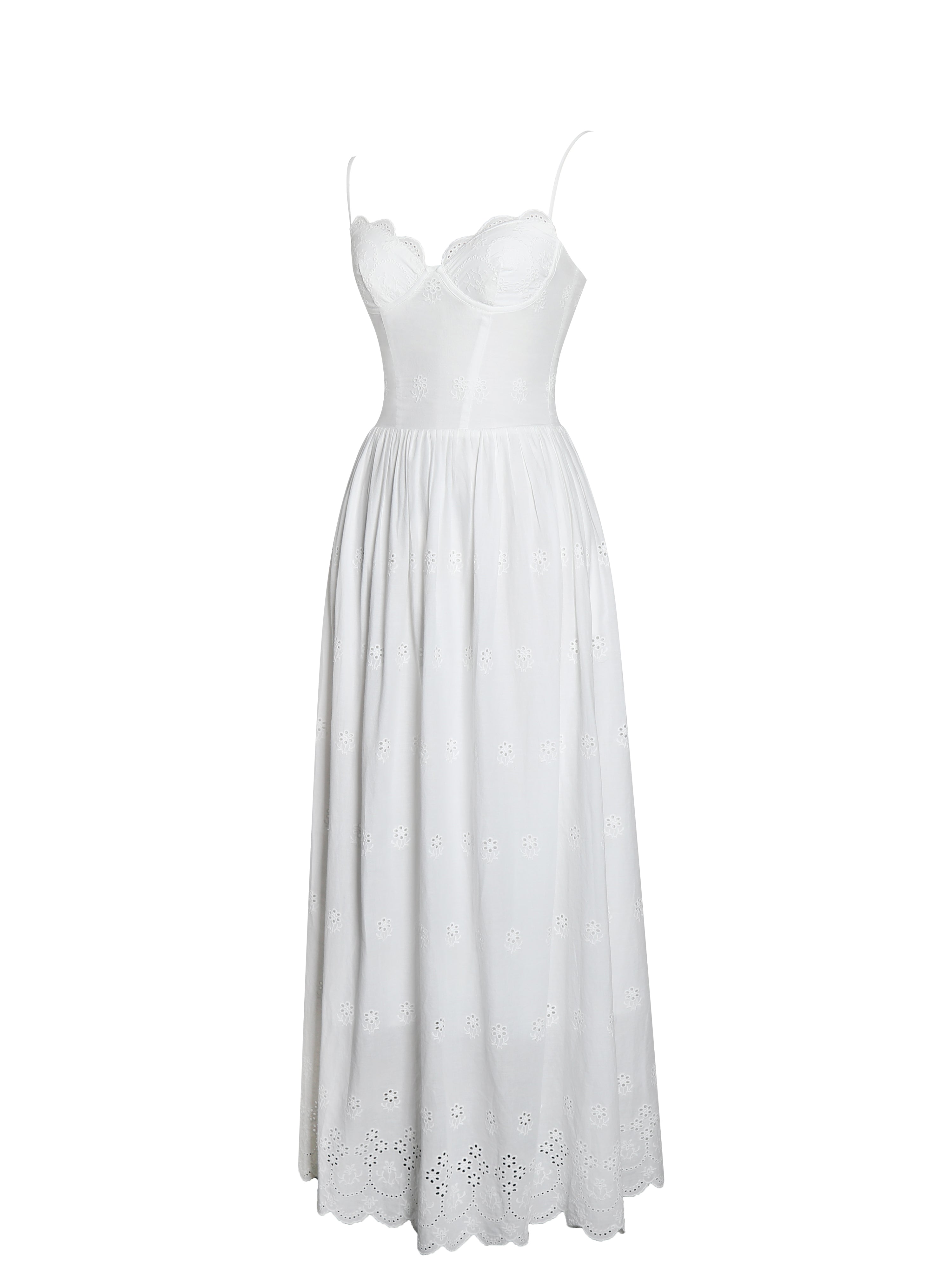 Oberon White Cotton Eyelet Lace-Up Back Maxi Dress