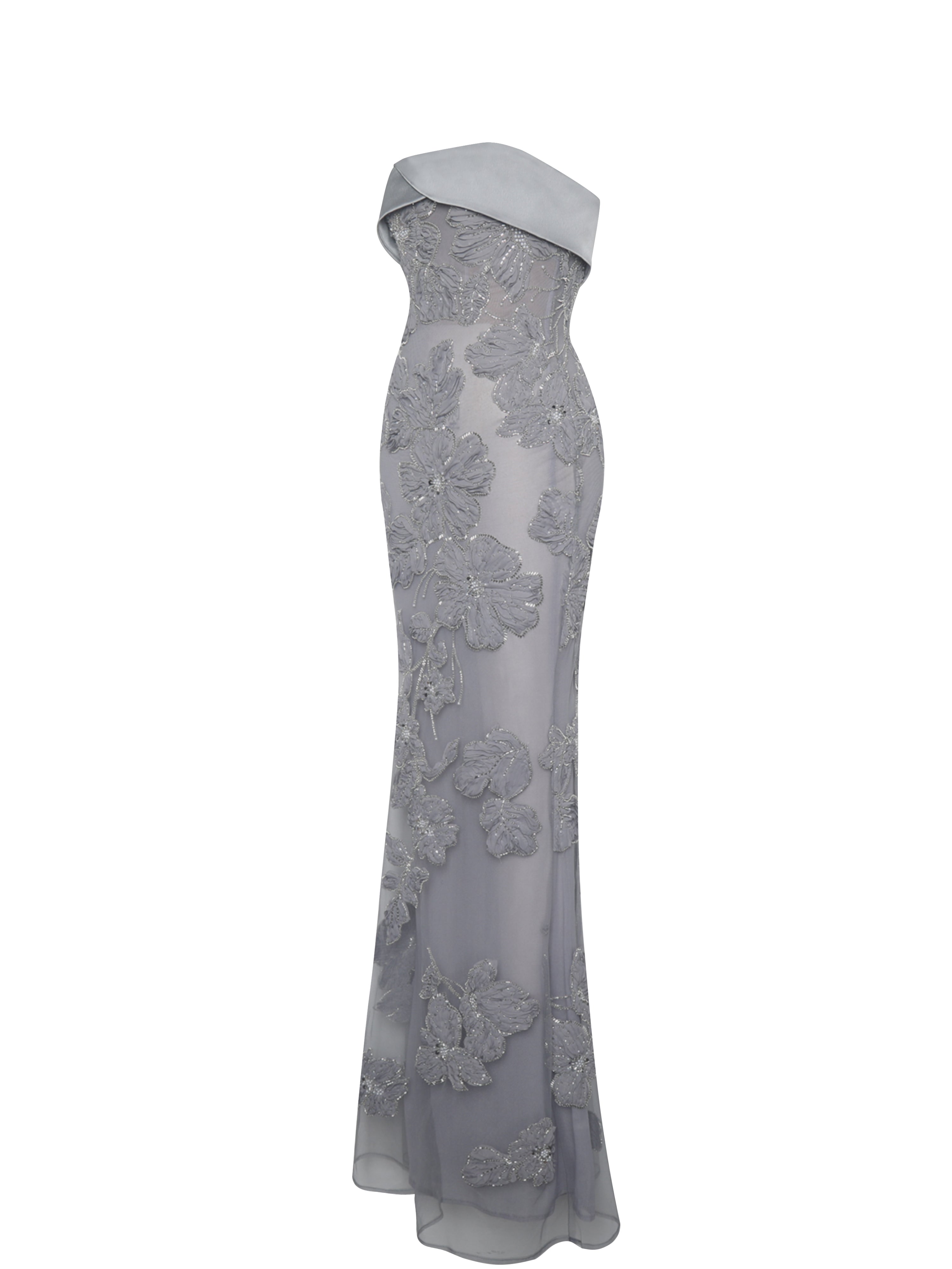 Raphaela Silver Beaded Floral Strapless Mermaid Maxi Dress