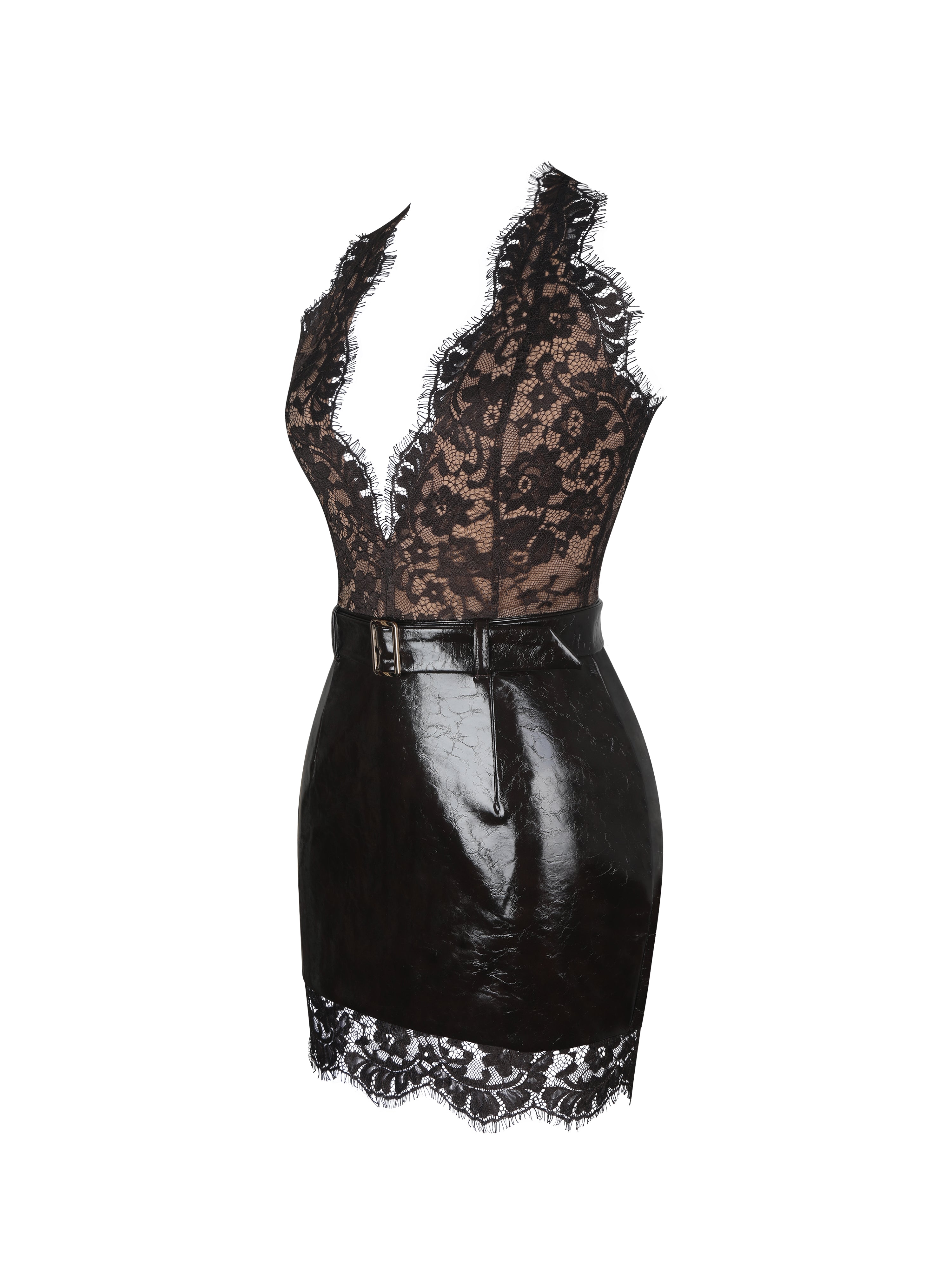 Faris Mahogany Plunging Halter Belted Mini Dress