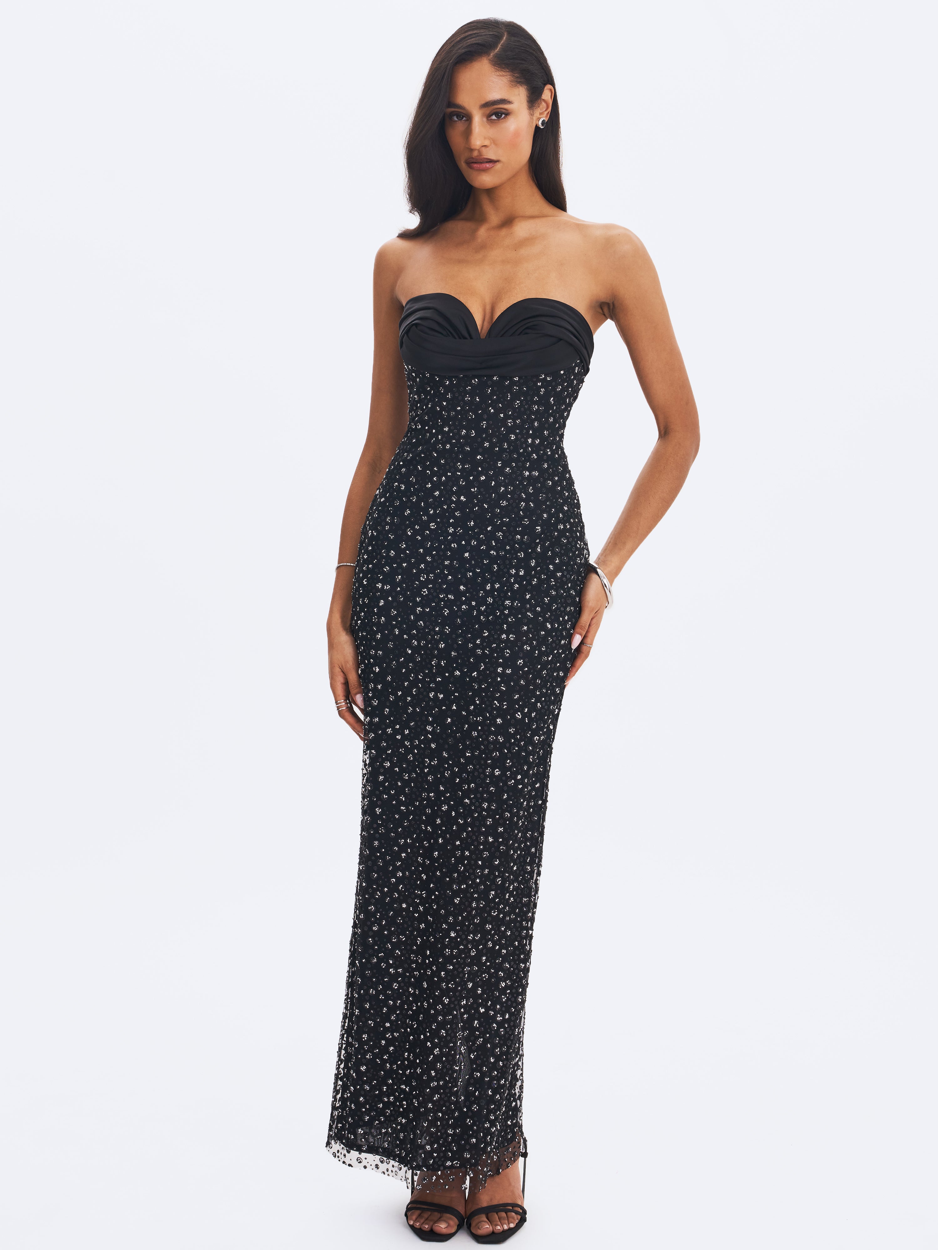 Preslie Black Satin & Crystal Mesh Sheath Maxi Dress