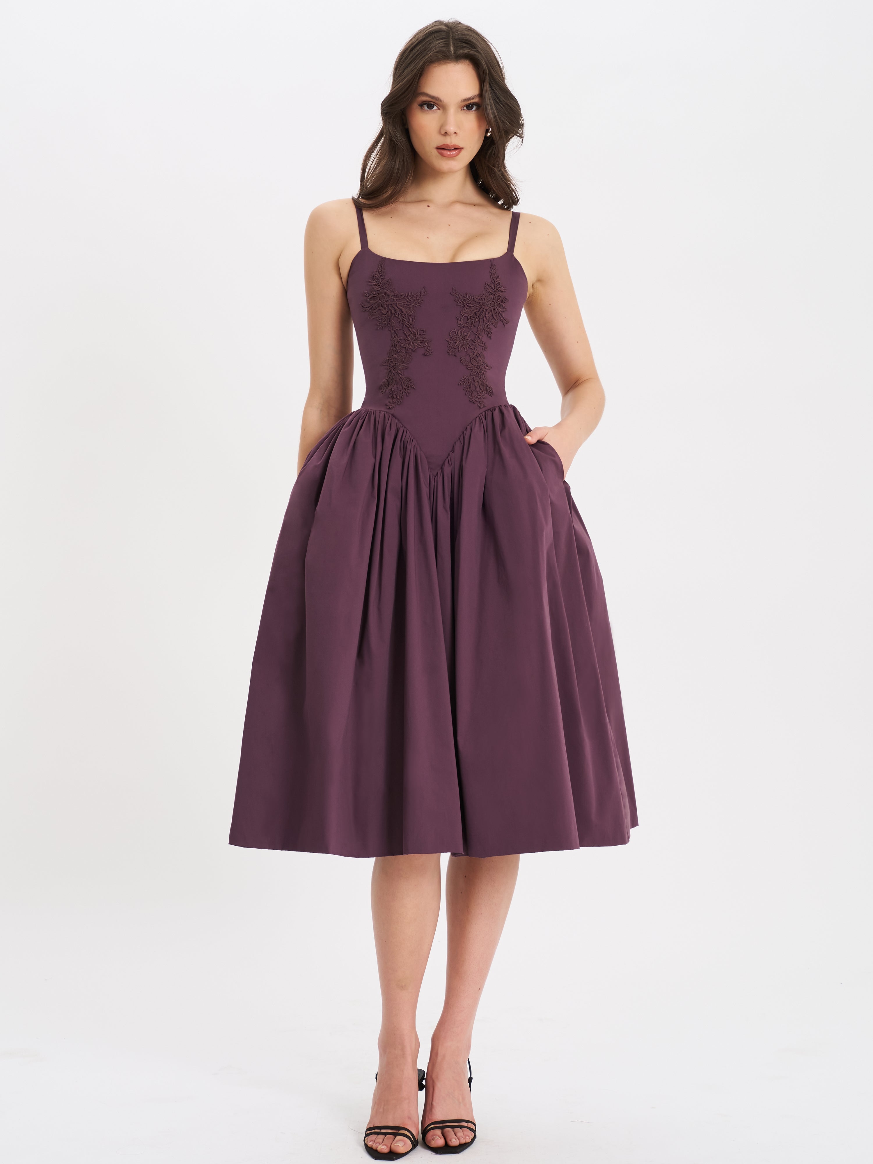 Oakleigh Blackberry Purple Cotton Lace-up Back Midi Dress