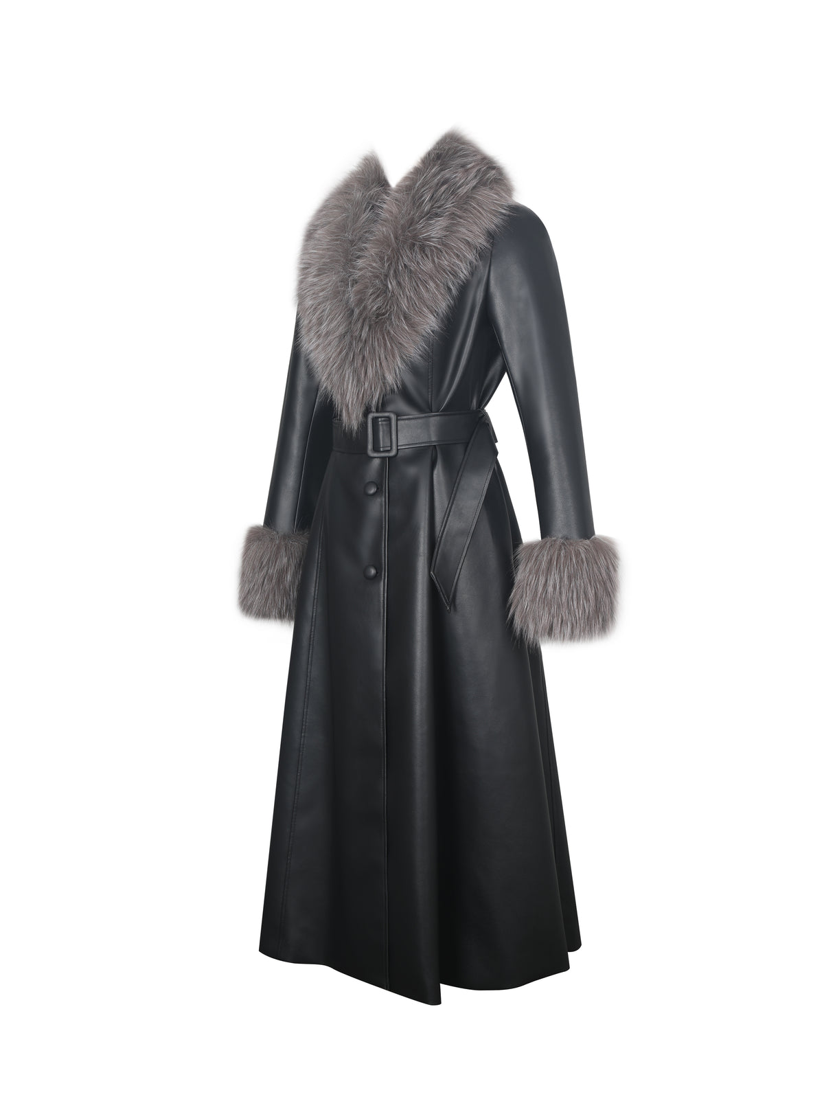 Nico Black Faux Leather Fur-Trimmed Belted A-Line Midi Coat