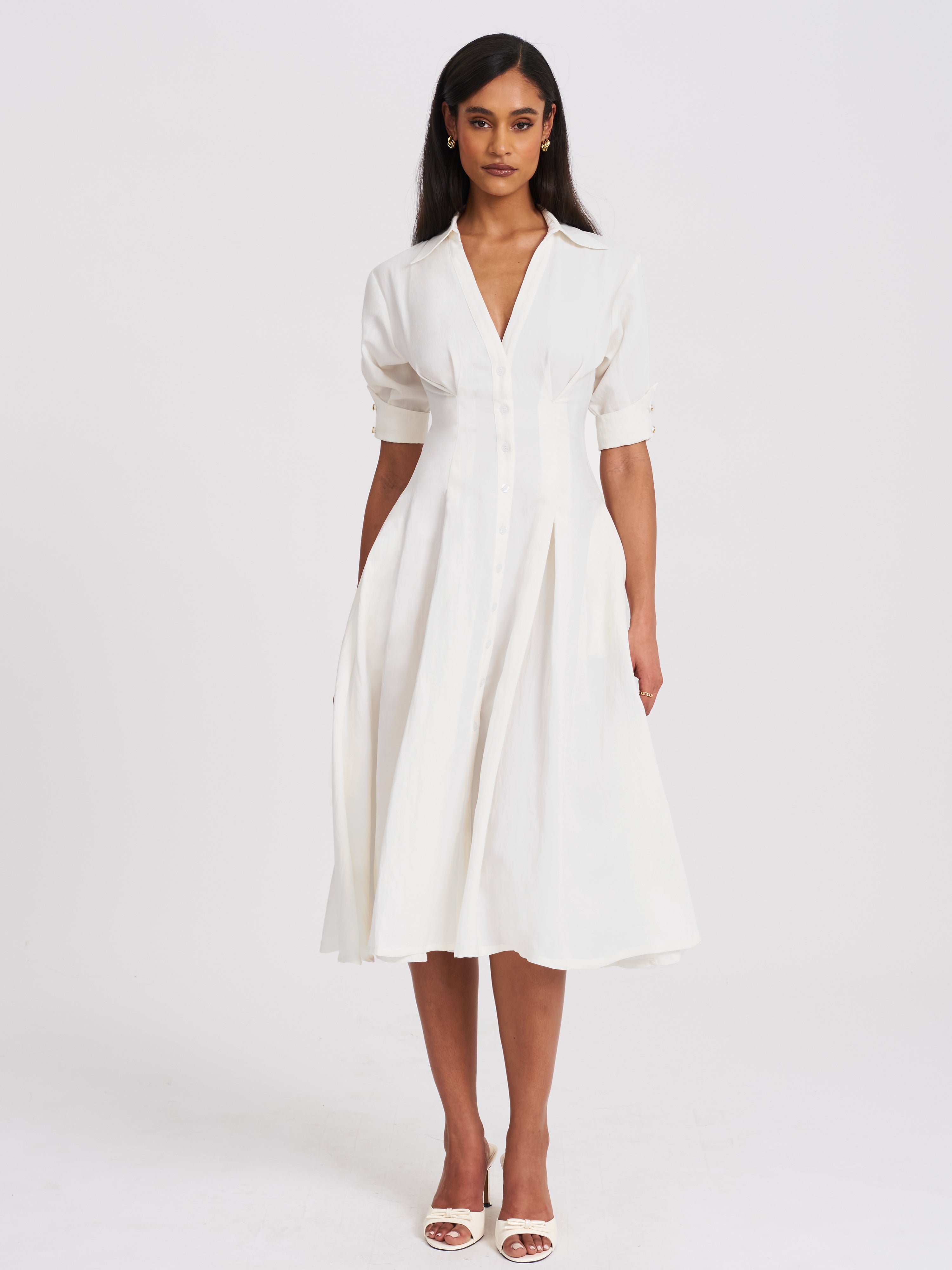 Palina Lyocell Pleated Midi Preppy Shirt Dress