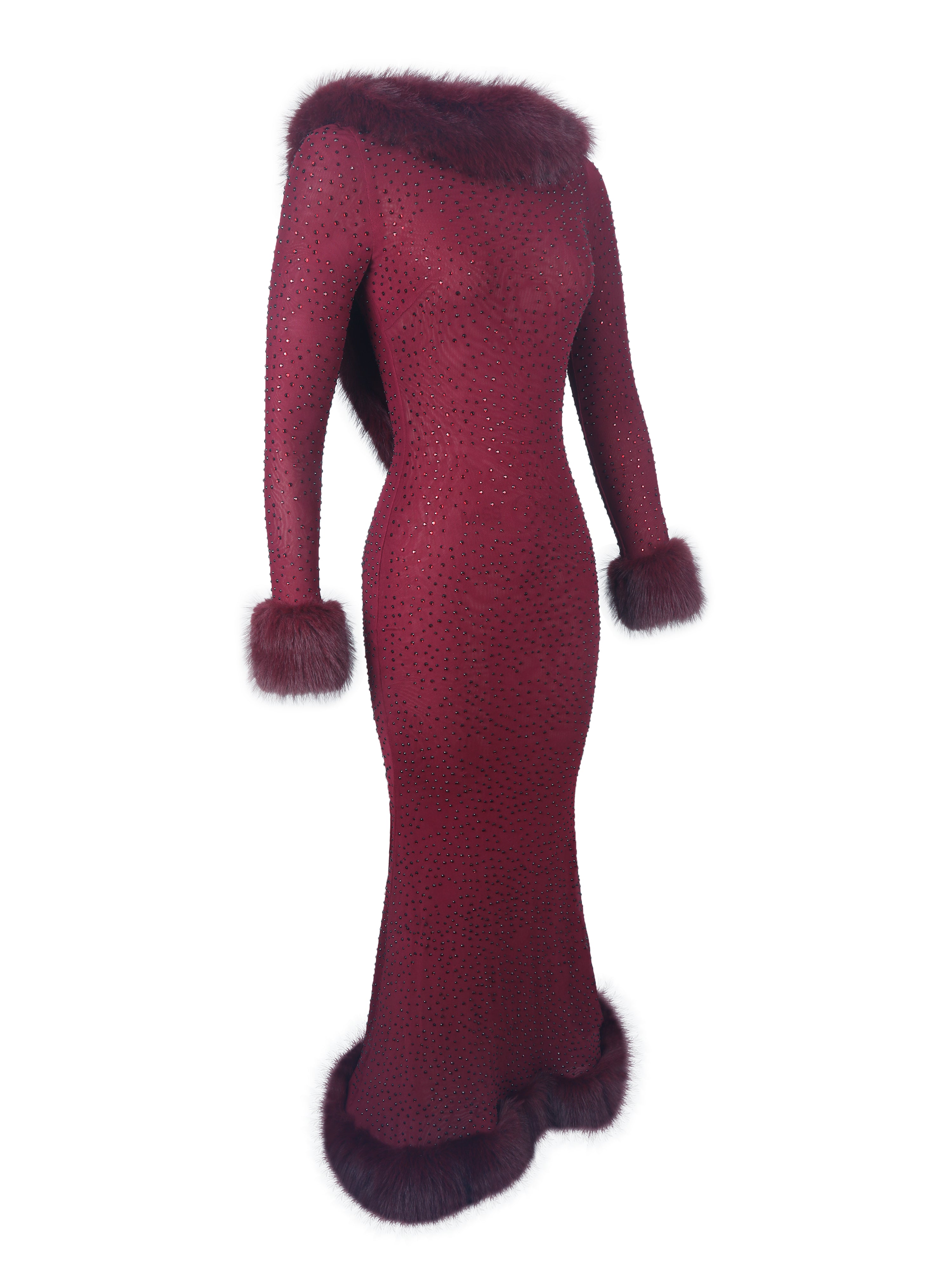 Melrose Burgundy Rhinestone Mesh Low Back Mermaid Dress
