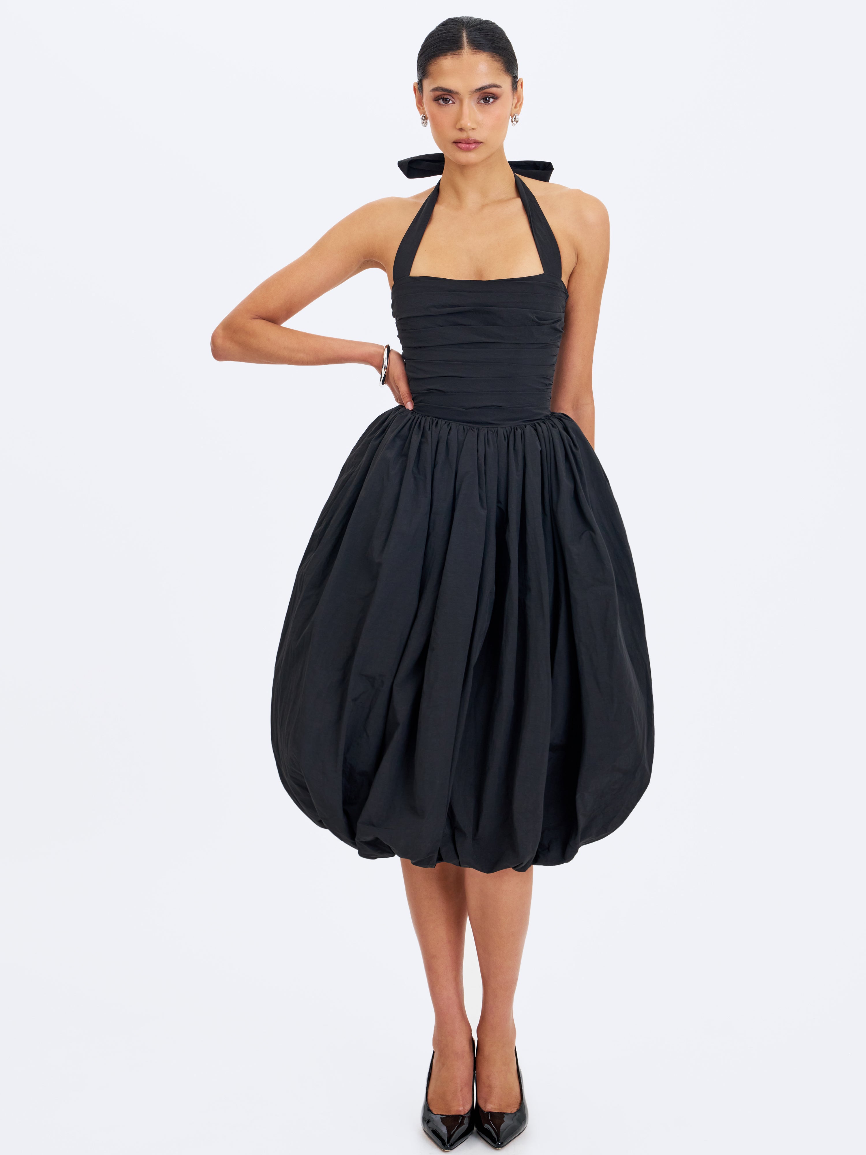 Veradis Black Taffeta Halter Bubble-Hem Midi Dress