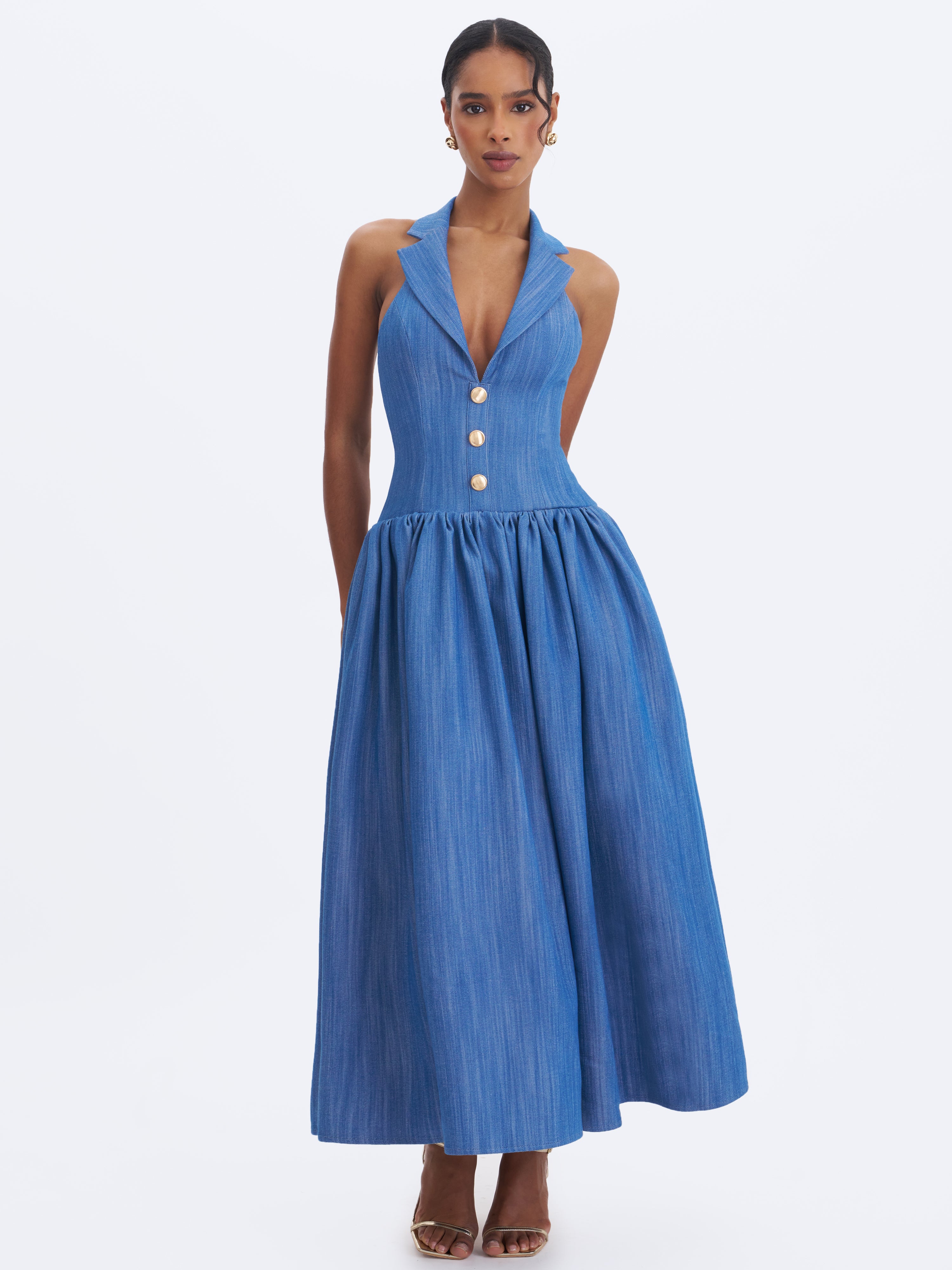 Xyan Navy Denim Lapel Halter A-Line Midi Dress