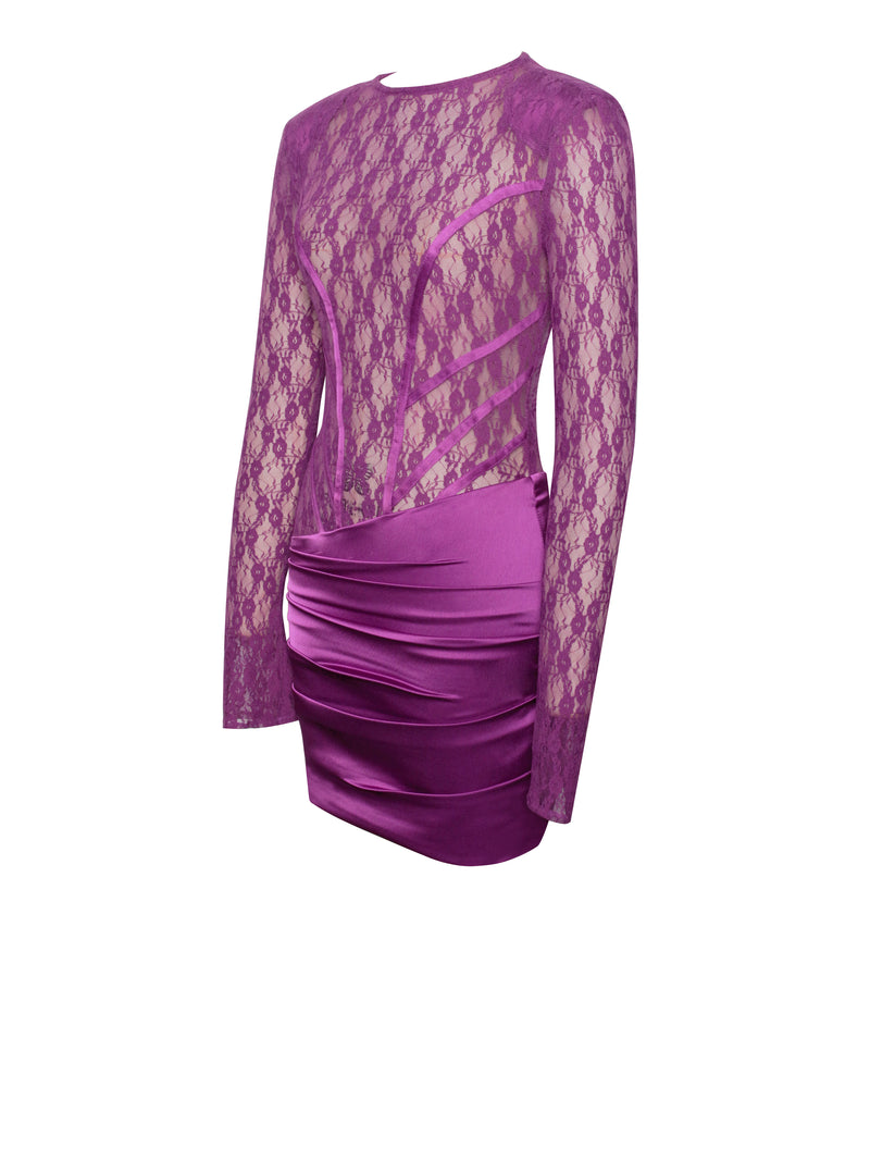 Quartney Purple Long Sleeve Lace Satin Mini Dress