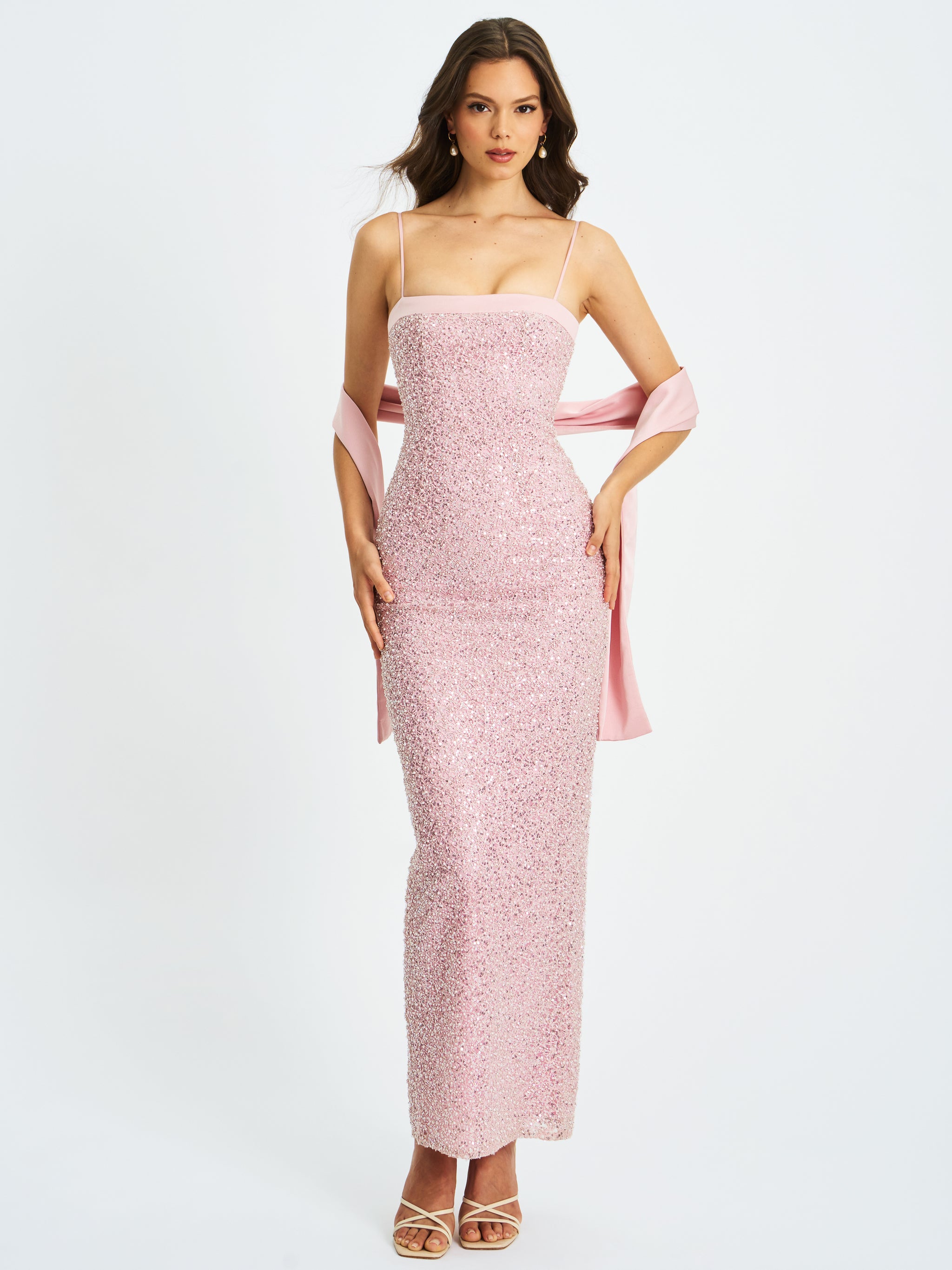 Raizel Pink Beaded Sequin Bodycon Gown with Scarf Raizel Pink Beaded Sequin Bodycon Gown with Scarf