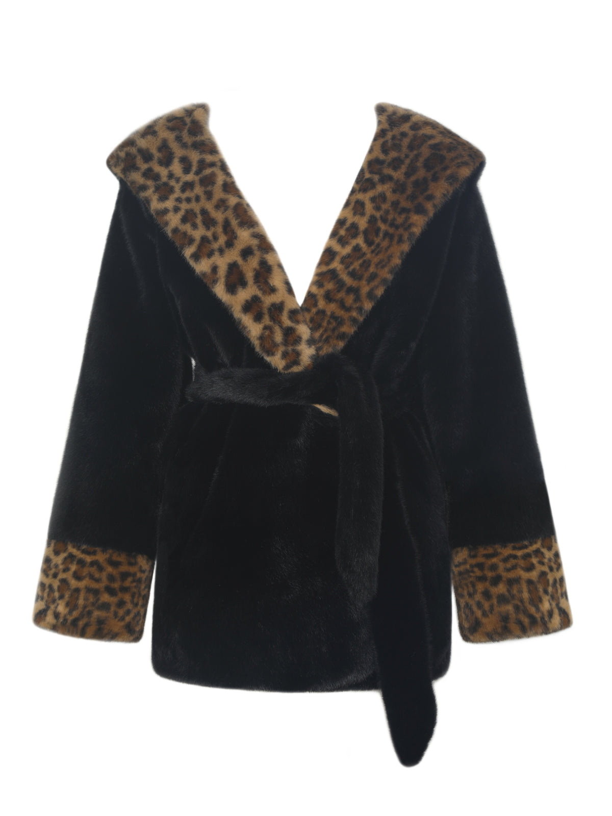Bianca Black Faux Fur Cheetah Print Oversized Hood Mini Coat