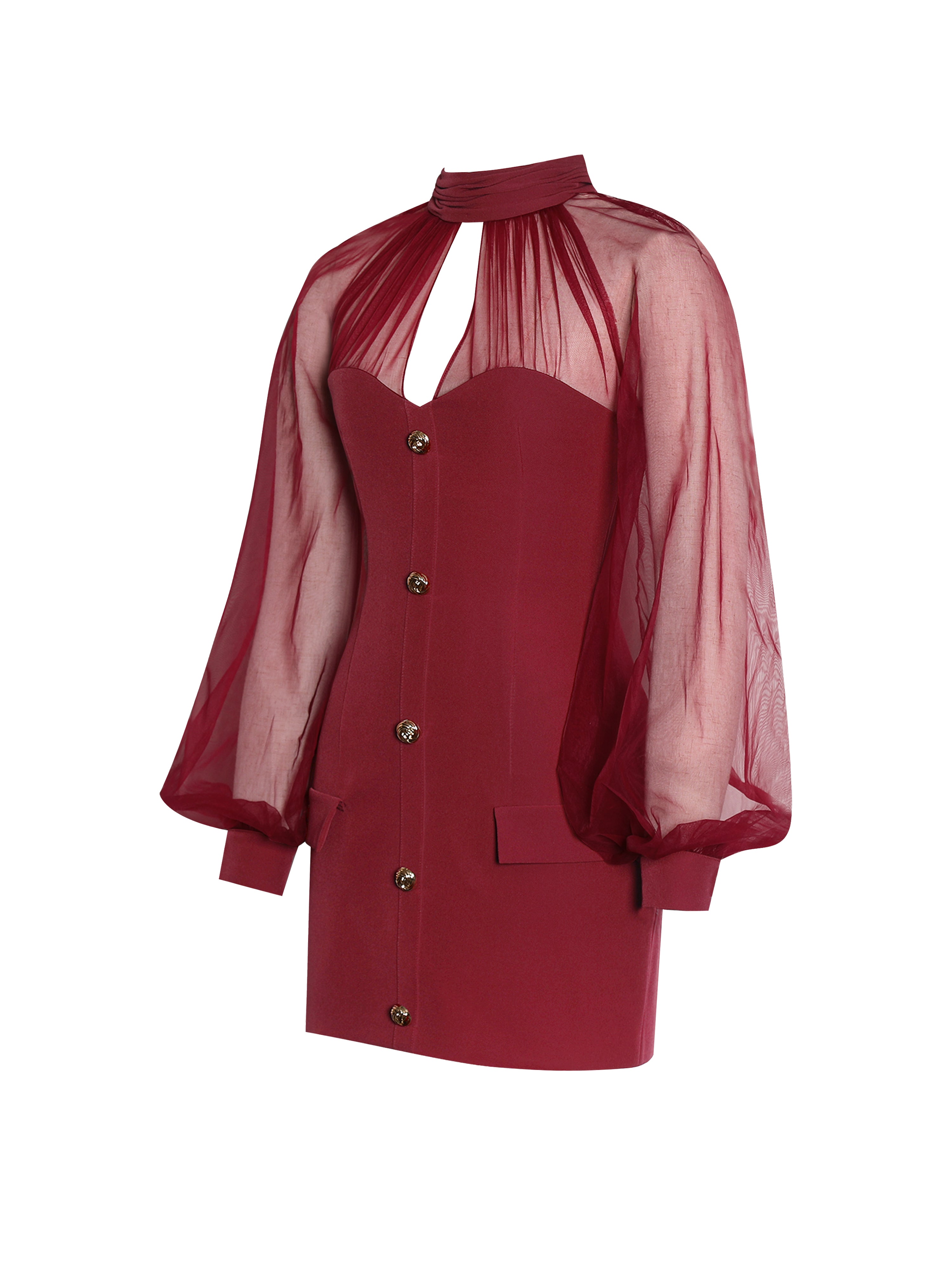 Tabitha Burgundy Mesh Lantern Sleeve Mini Dress (Archive Sale)