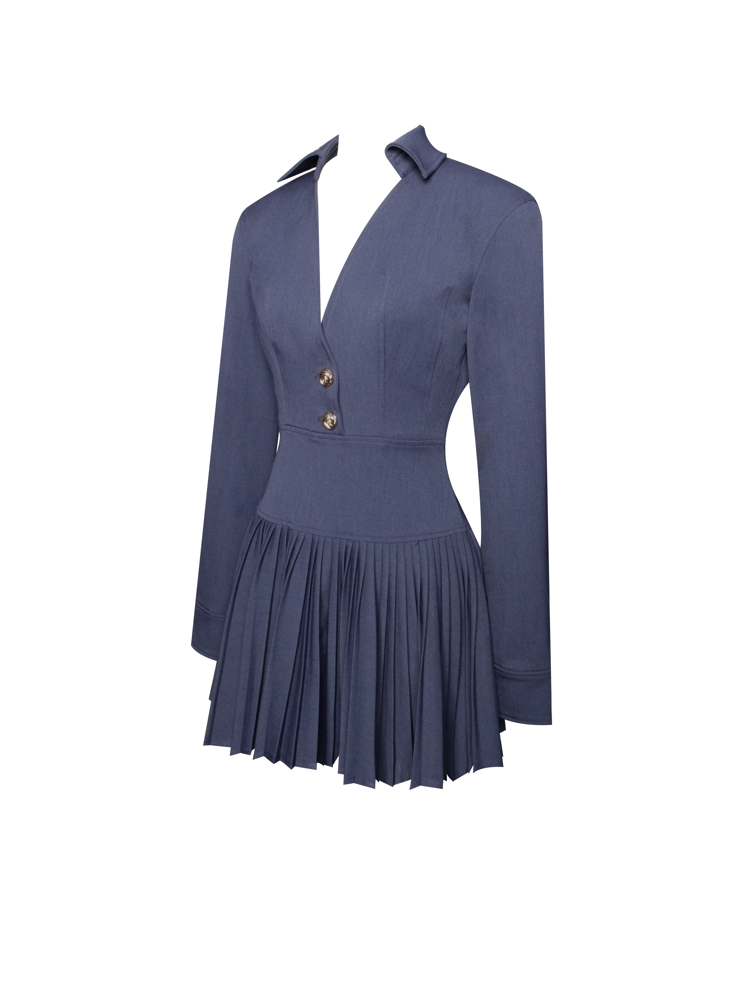 Valarie Navy Blue Denim Style Pleated Mini Dress (Archive Sale)