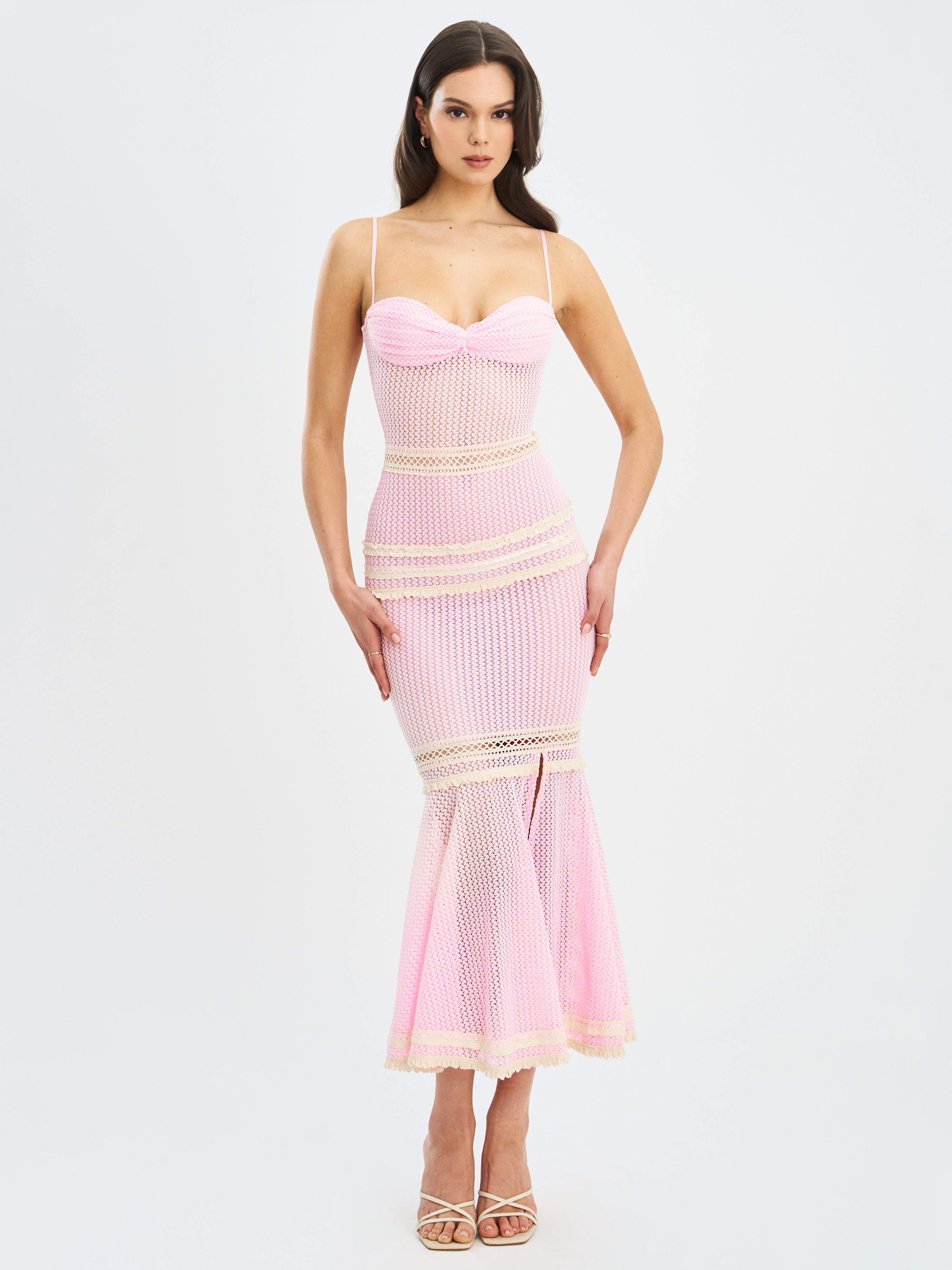 Pallas Pink Lace Trim Crochet Mermaid Maxi Dress
