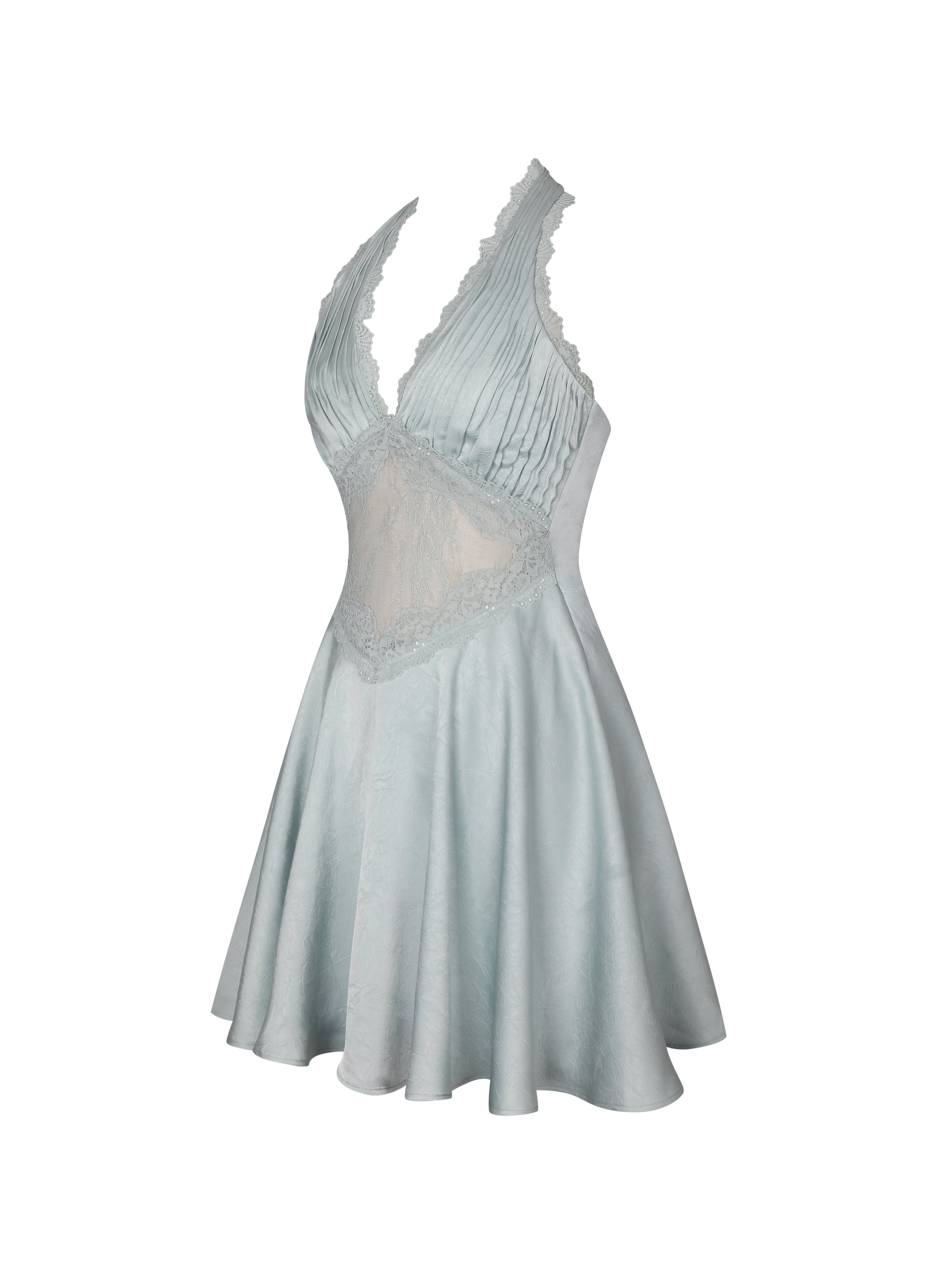 Rianna Light Sage Crinkle Satin Halter Mini Dress