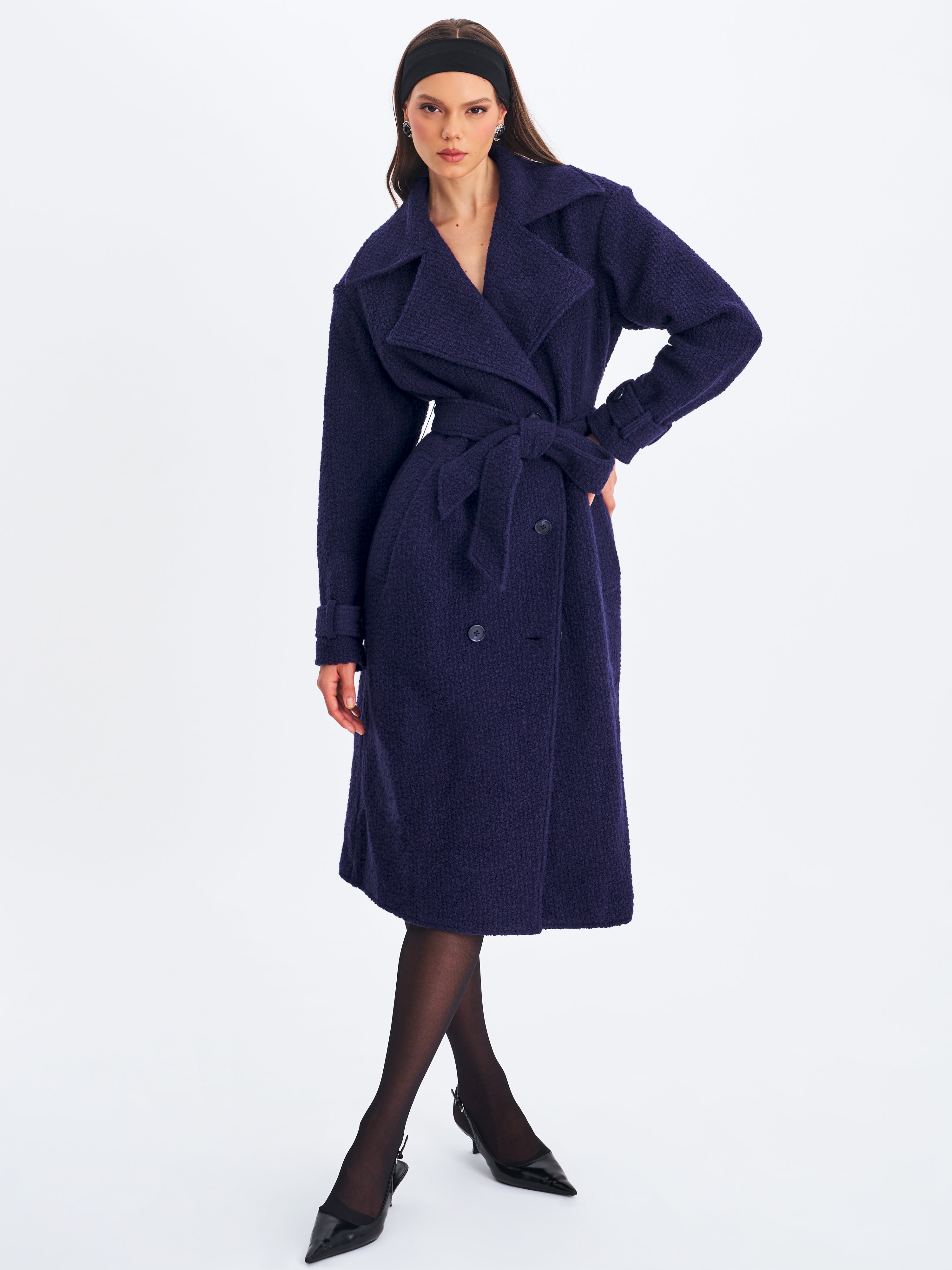 Jaelyn Midnight Blue Wool Blend Double-Breasted Belted Coat
