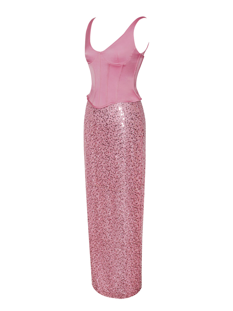 Juliana Pink Satin Peplum Corset Sequin Maxi Dress
