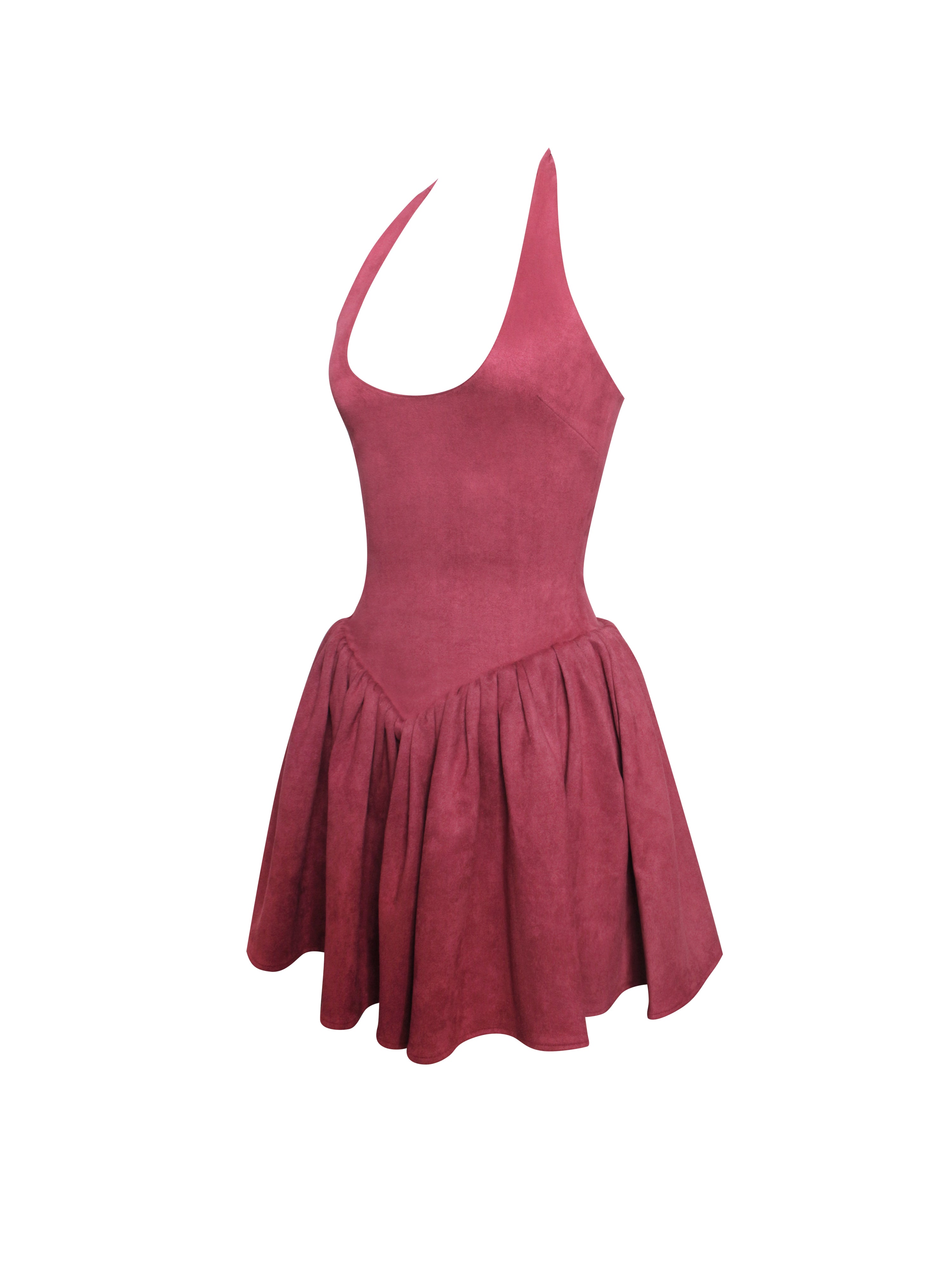 Hadara Burgundy Suede Halter Mini Full Dress