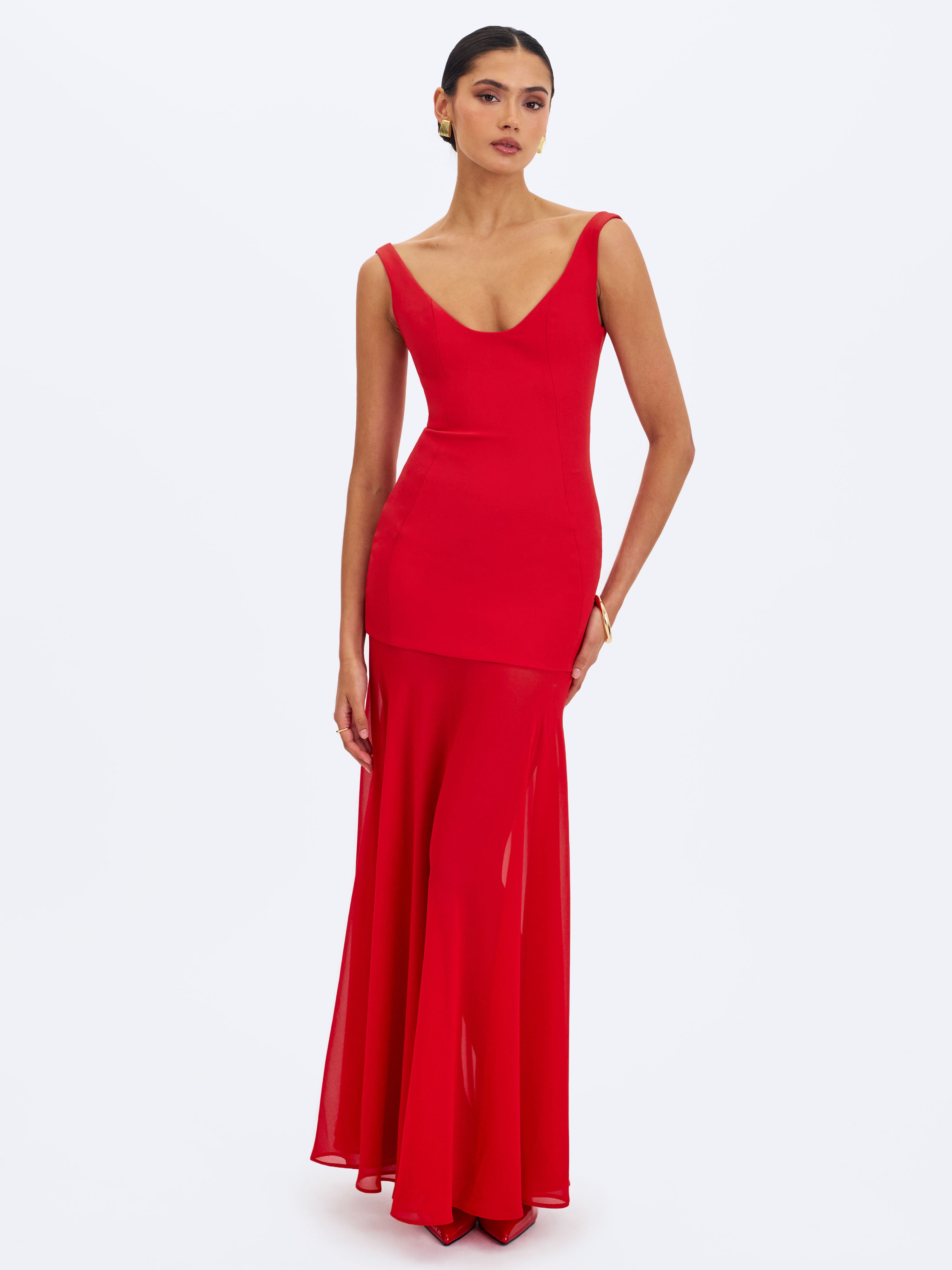 Verona Crimson Scoop Neck Flared Maxi Dress