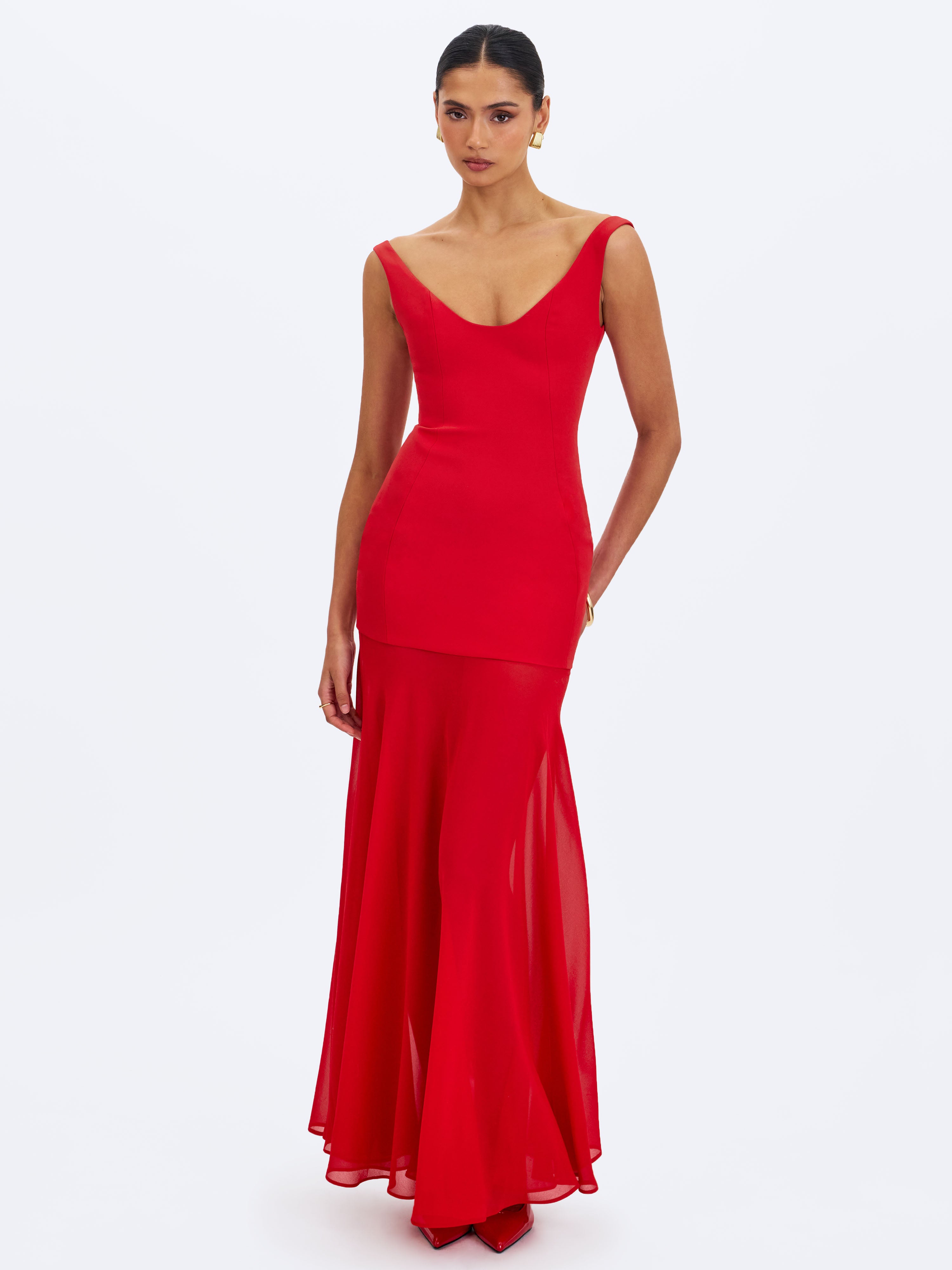 Verona Crimson Scoop Neck Flared Maxi Dress