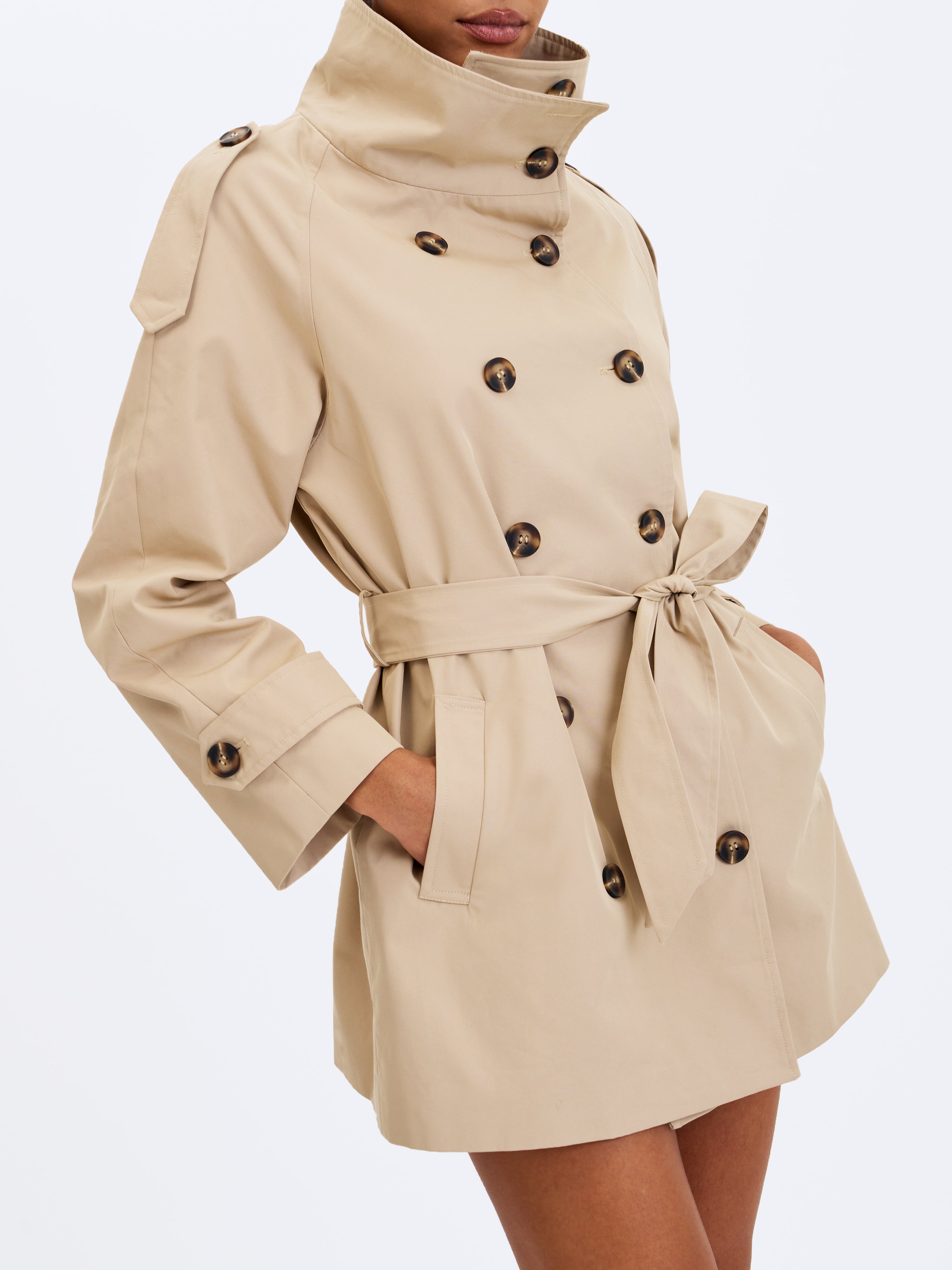 Vanetta Tan High Collar Double-Breasted Trench Mini Coat