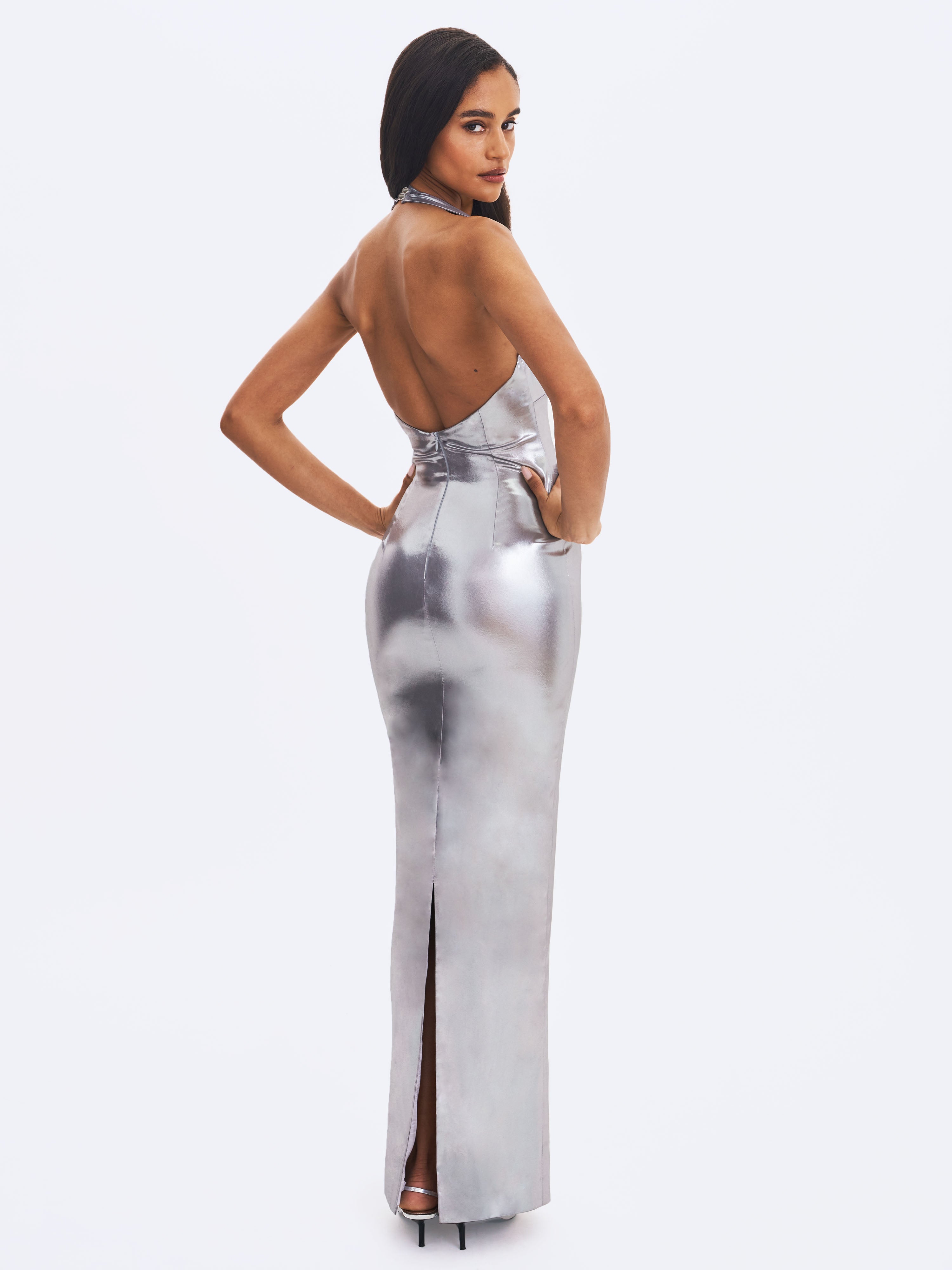 Valeska Silver Foil Plunging Sheath Maxi Dress