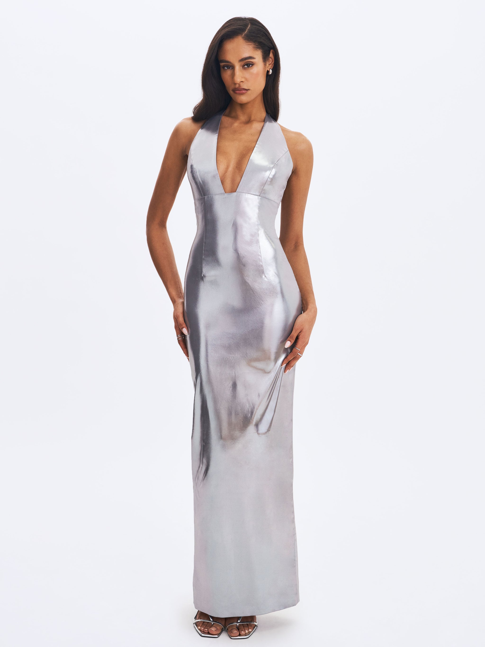 Valeska Silver Foil Plunging Sheath Maxi Dress - XS / US 2 Valeska Silver Foil Plunging Sheath Maxi Dress - XS / US 2