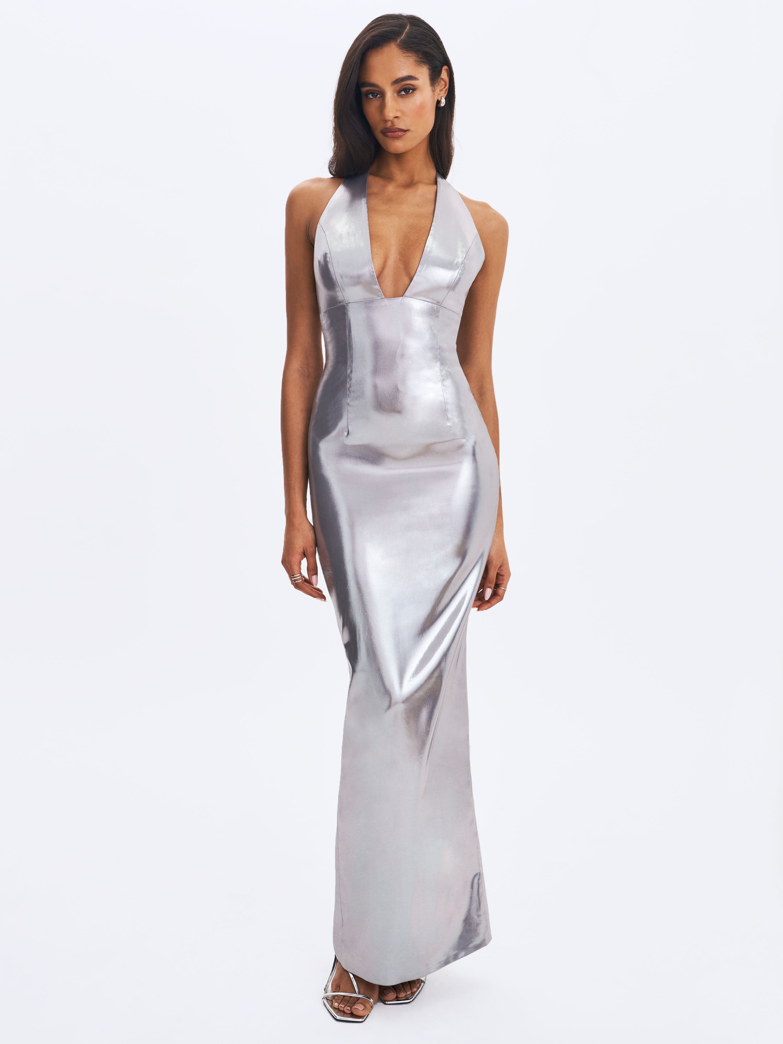 Valeska Silver Foil Plunging Sheath Maxi Dress