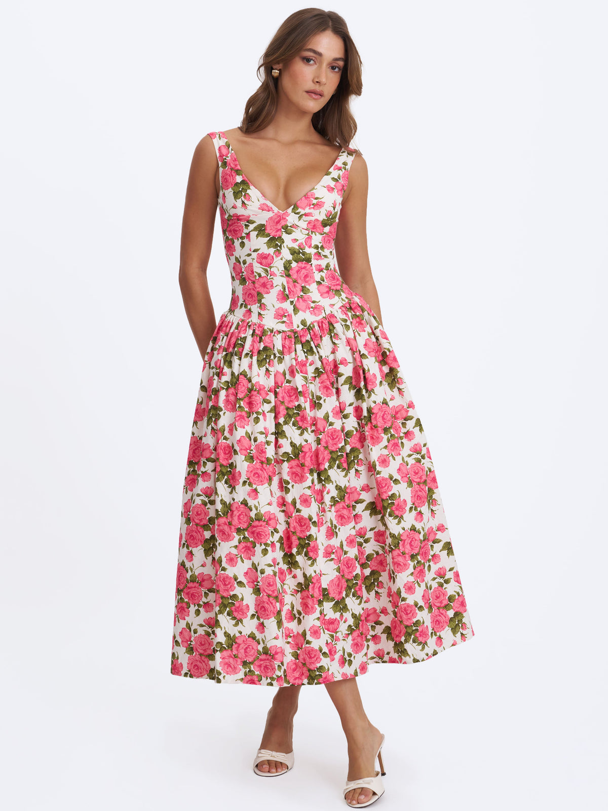 sweetheart midi dress Wilfreda Blooming Pink Floral Linen POctober2022 Abercrombie & Fitch Women's line skirt for movement Material:87.3% Cotton 12.7% Polyamide