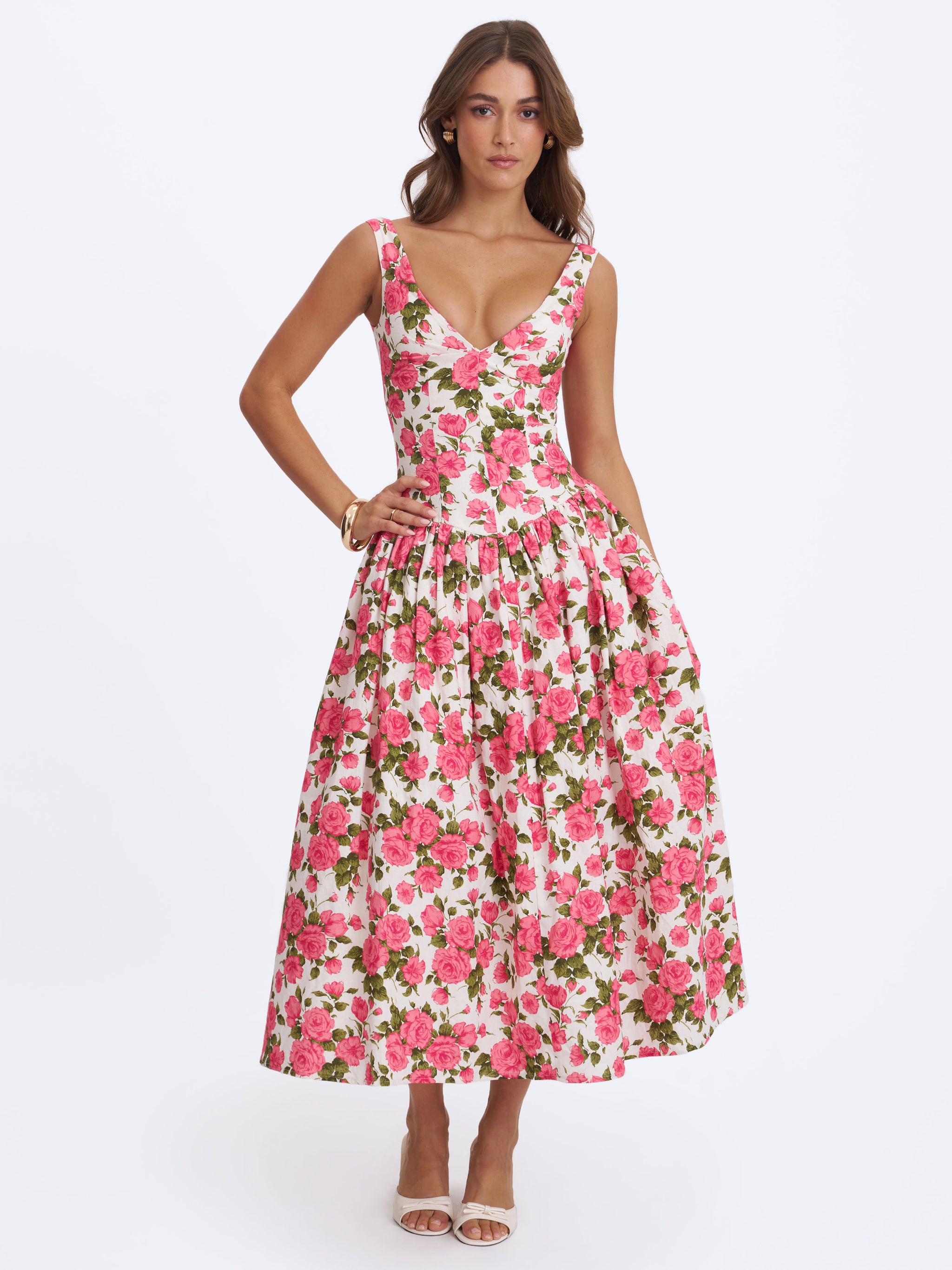 Wilfreda Blooming Pink Floral Linen Sweetheart Midi Dress