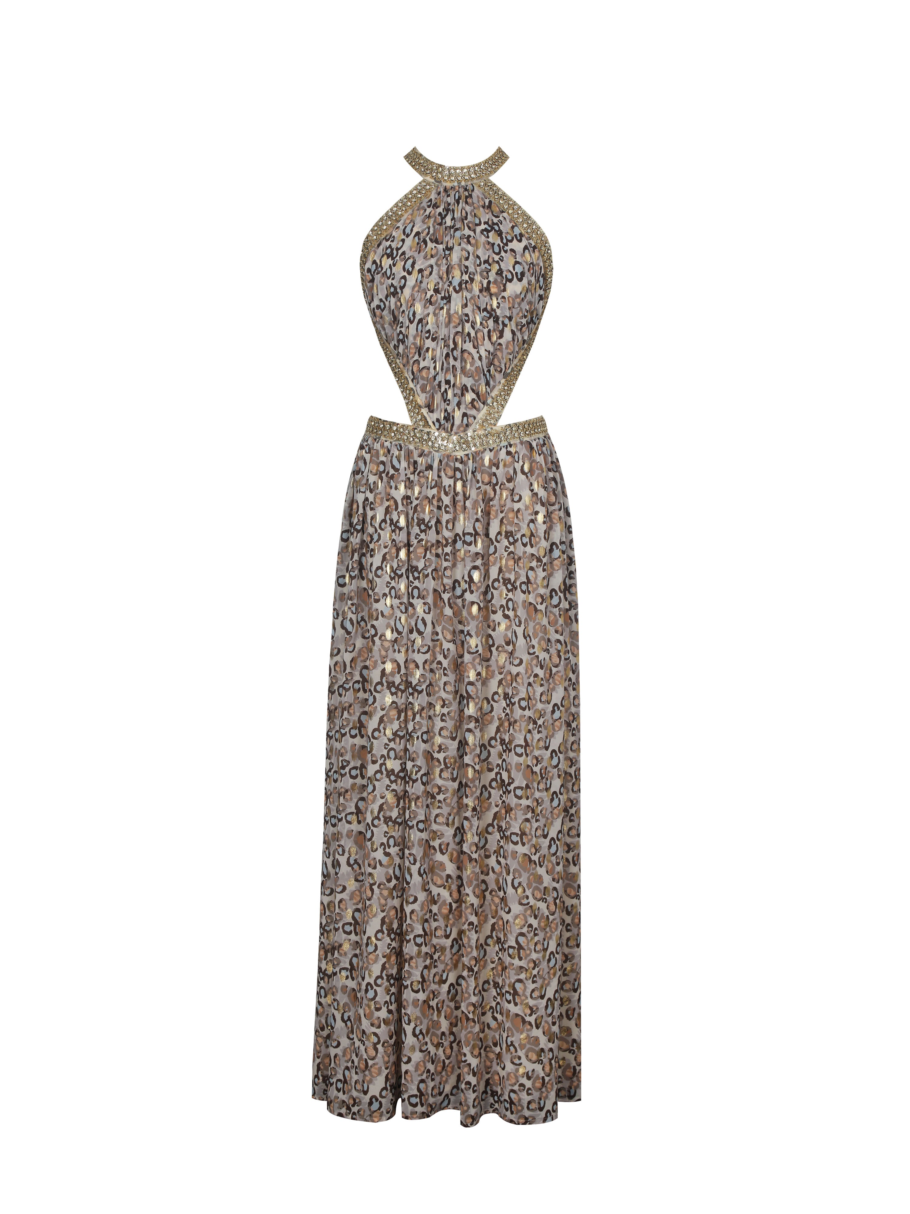Quinnlyn Beige Cheetah Print Chiffon Halter Maxi Dress
