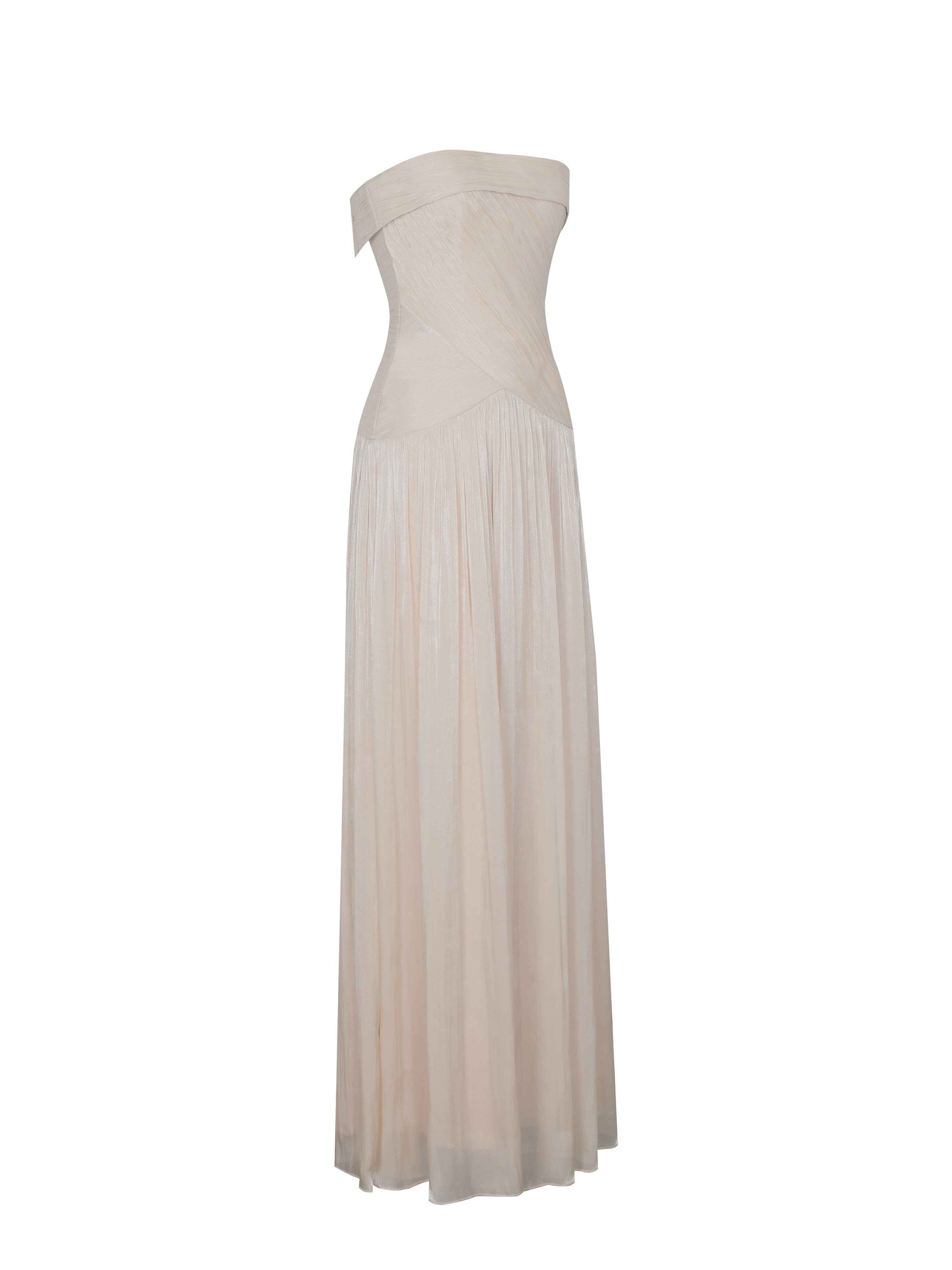 Olivine Light Beige Crystal Organza Strapless Maxi Dress