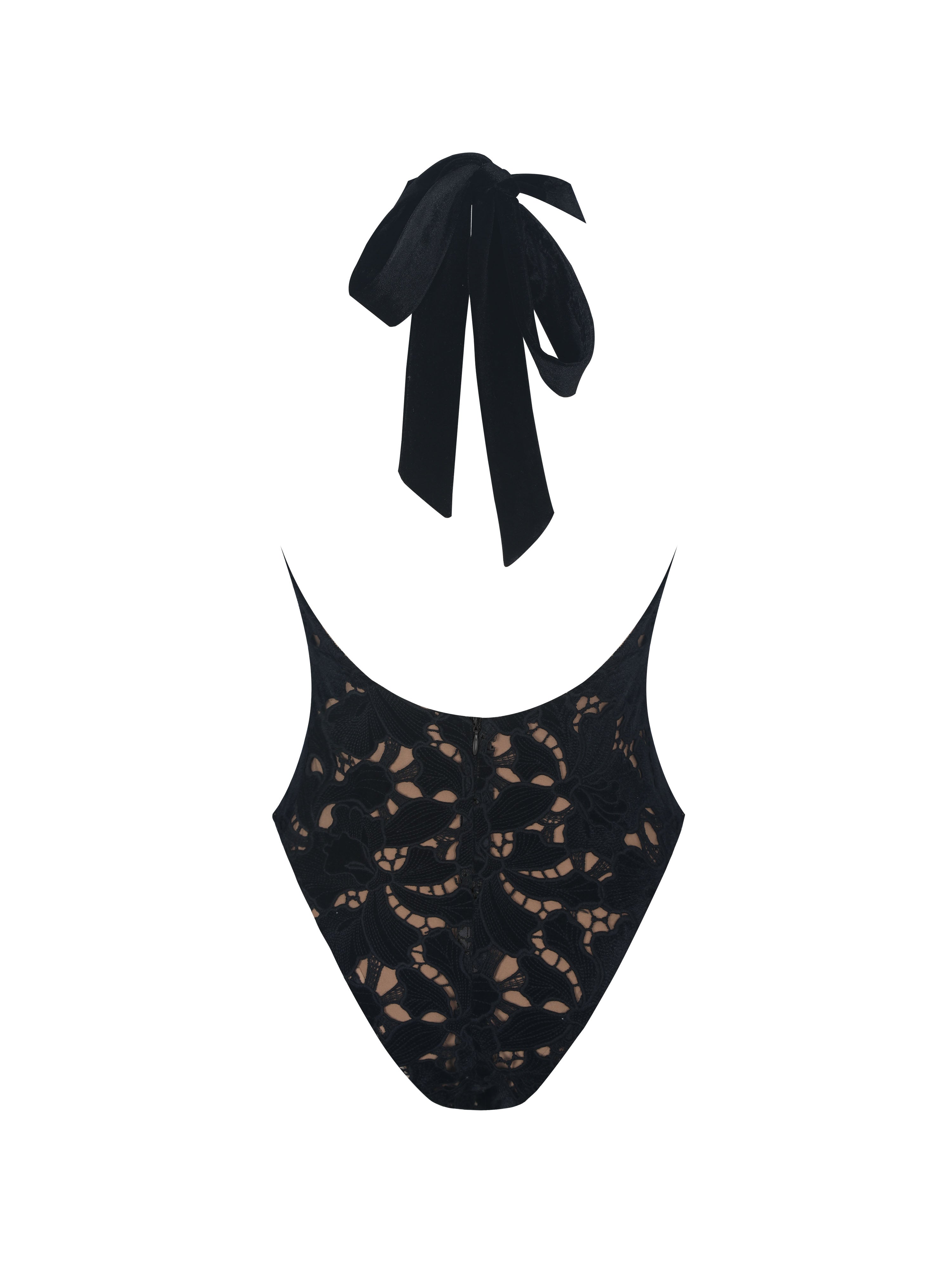 Breanna Black Velvet Lace Crossover Halter Swimsuit